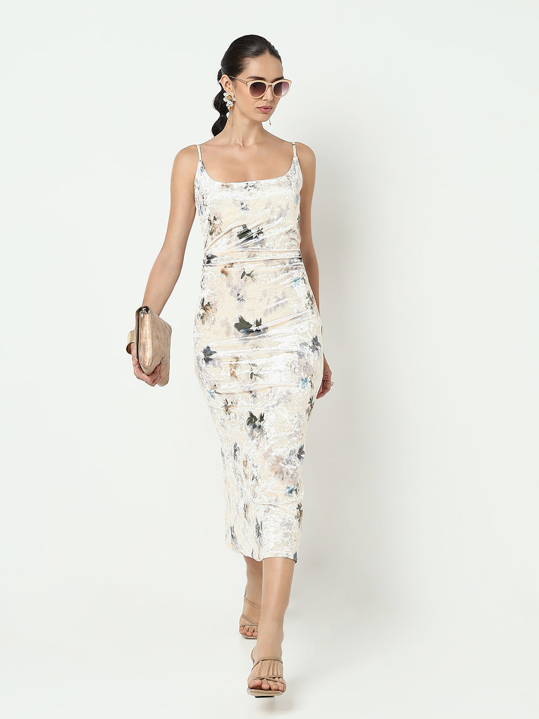 Women's Floral Cream Velvet Bodycon Dress with Back Slit