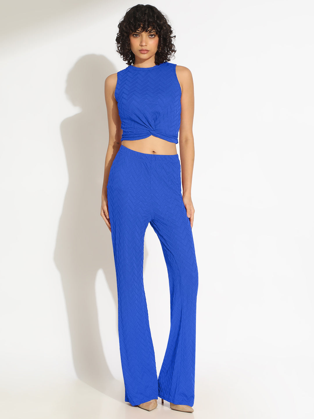 Women's Textured Blue Knot Styled Crop Top with Trouser Co-Ord Set