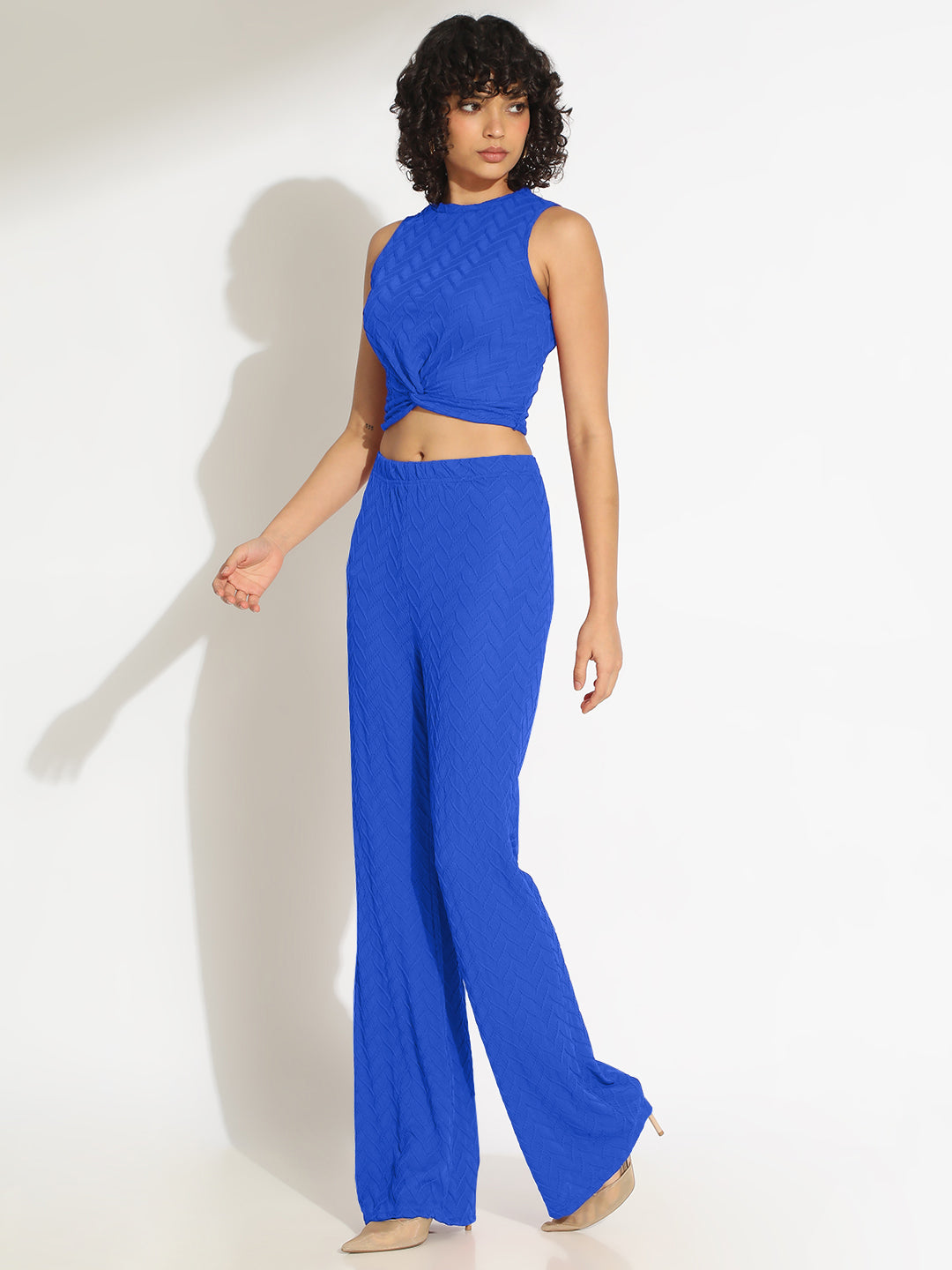 Women's Textured Blue Knot Styled Crop Top with Trouser Co-Ord Set