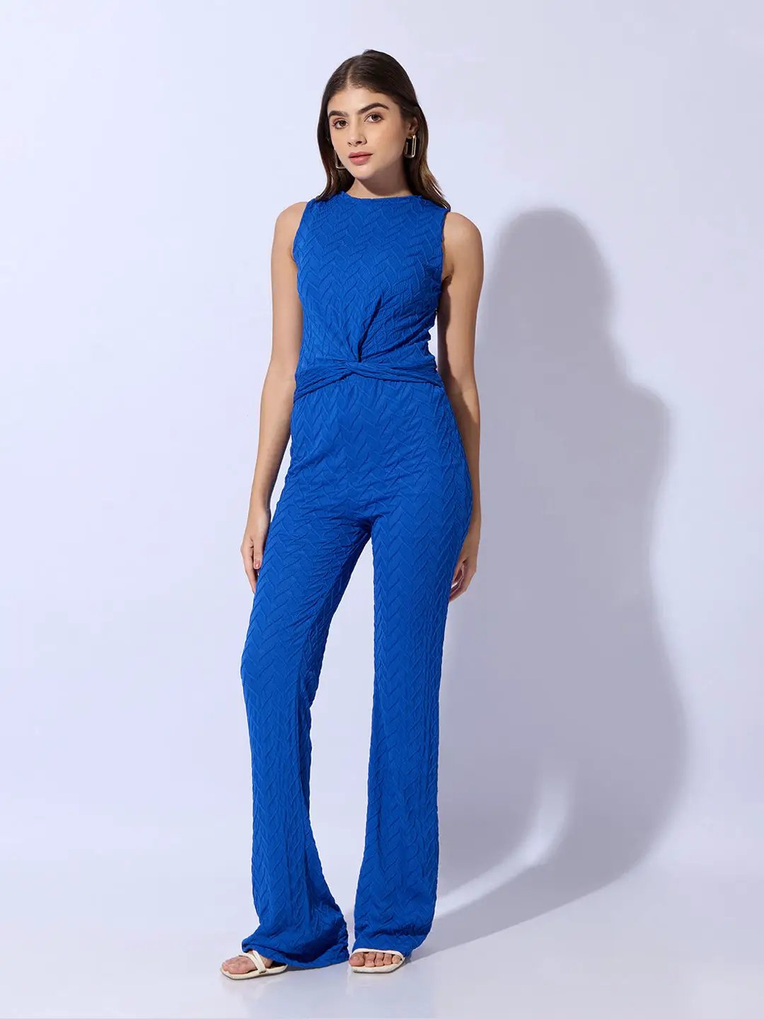 Women's Textured Blue Knot Styled Crop Top with Trouser Co-Ord Set - Uncategorized from SHOWOFFFF