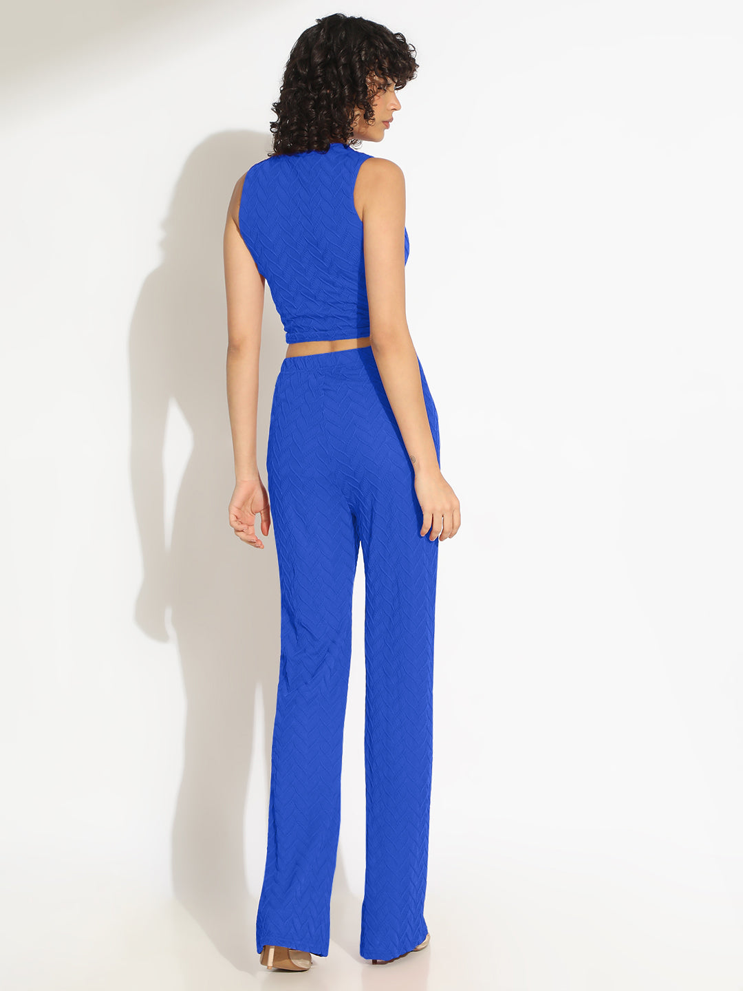 Women's Textured Blue Knot Styled Crop Top with Trouser Co-Ord Set