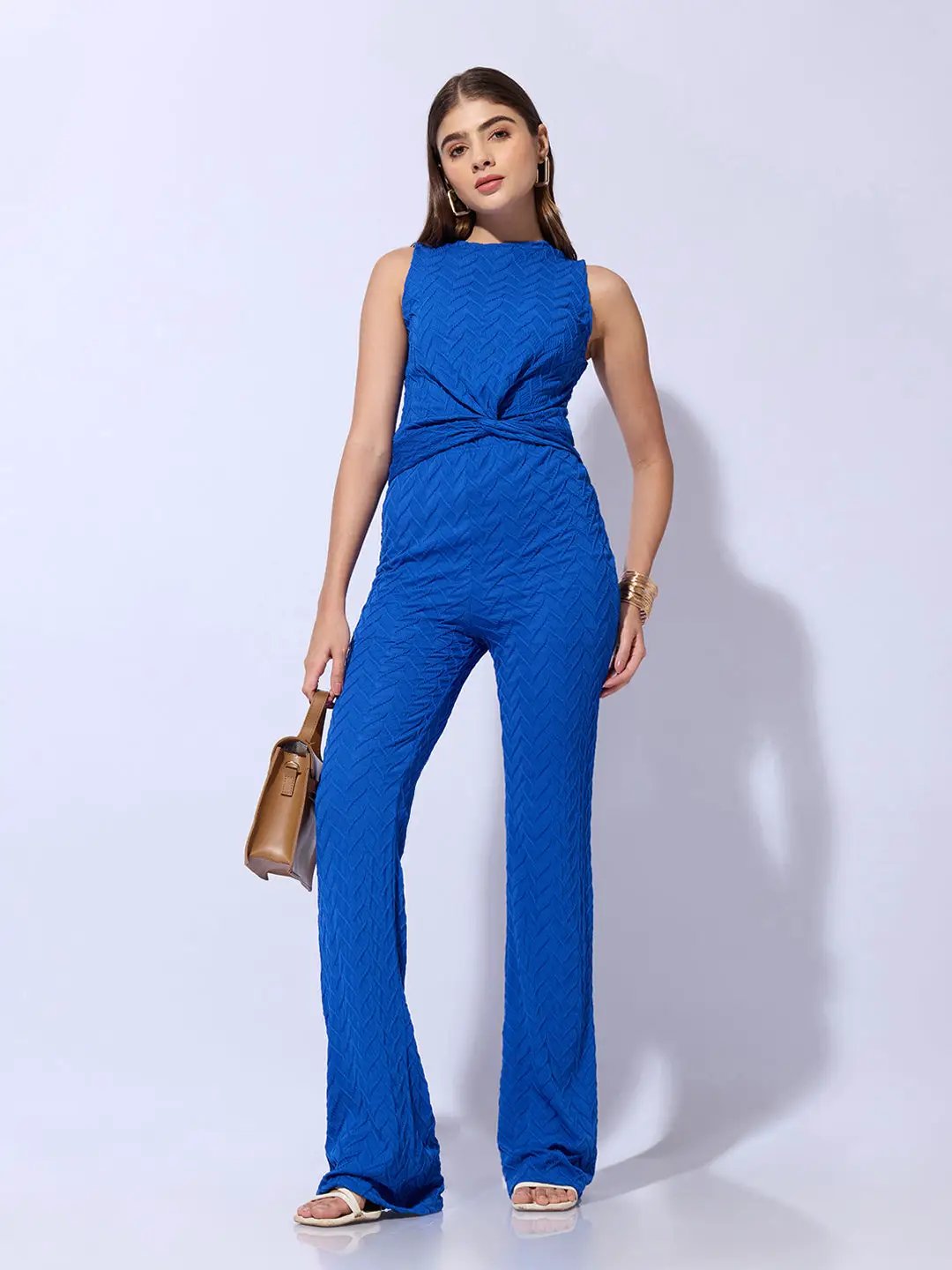 Women's Textured Blue Knot Styled Crop Top with Trouser Co-Ord Set - Uncategorized from SHOWOFFFF
