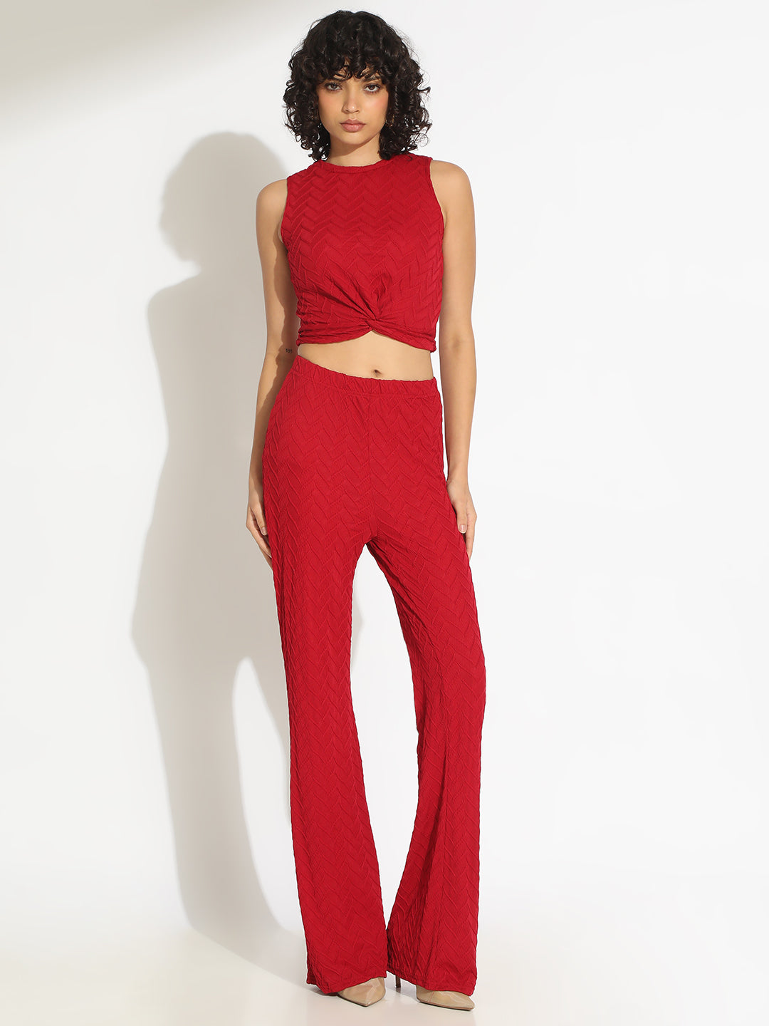 Women's Textured Red Knot Styled Crop Top with Trouser Co-Ord Set