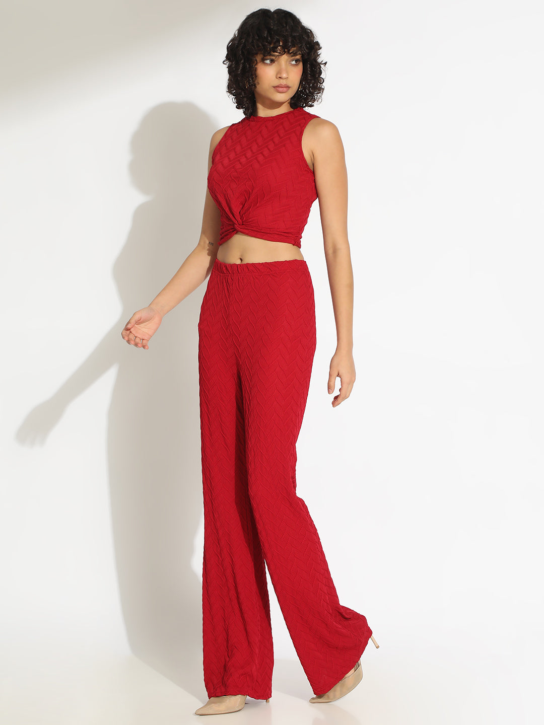 Women's Textured Red Knot Styled Crop Top with Trouser Co-Ord Set