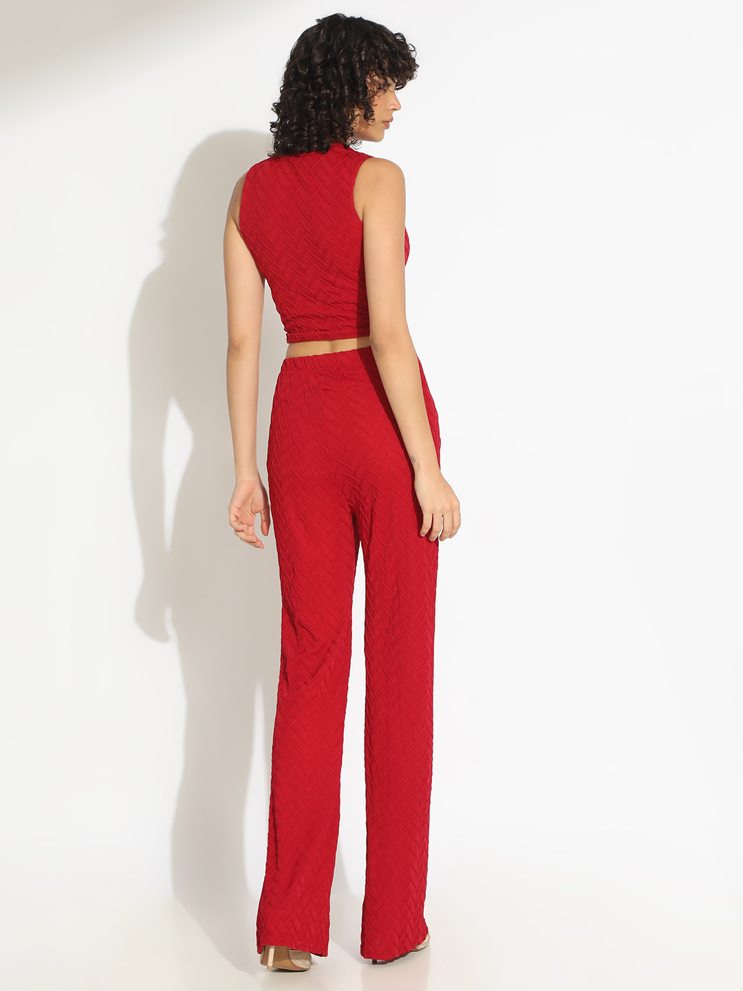 Women's Textured Red Knot Styled Crop Top with Trouser Co-Ord Set