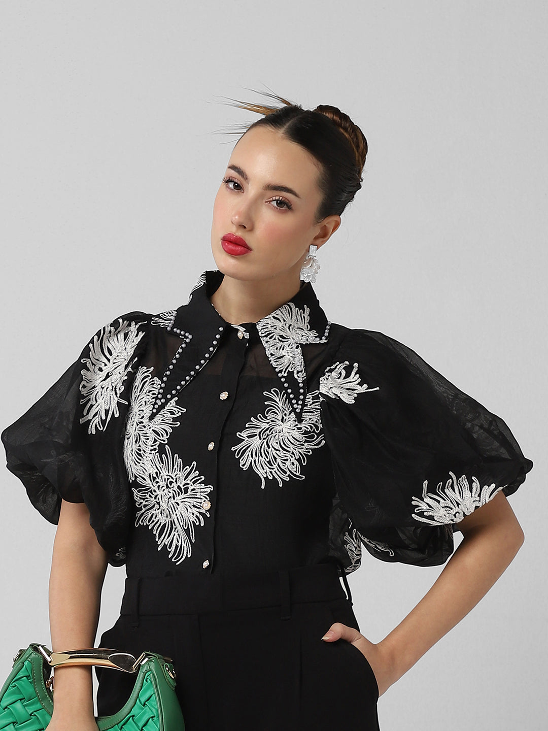 Women Floral Black Shirt with Inner Slip