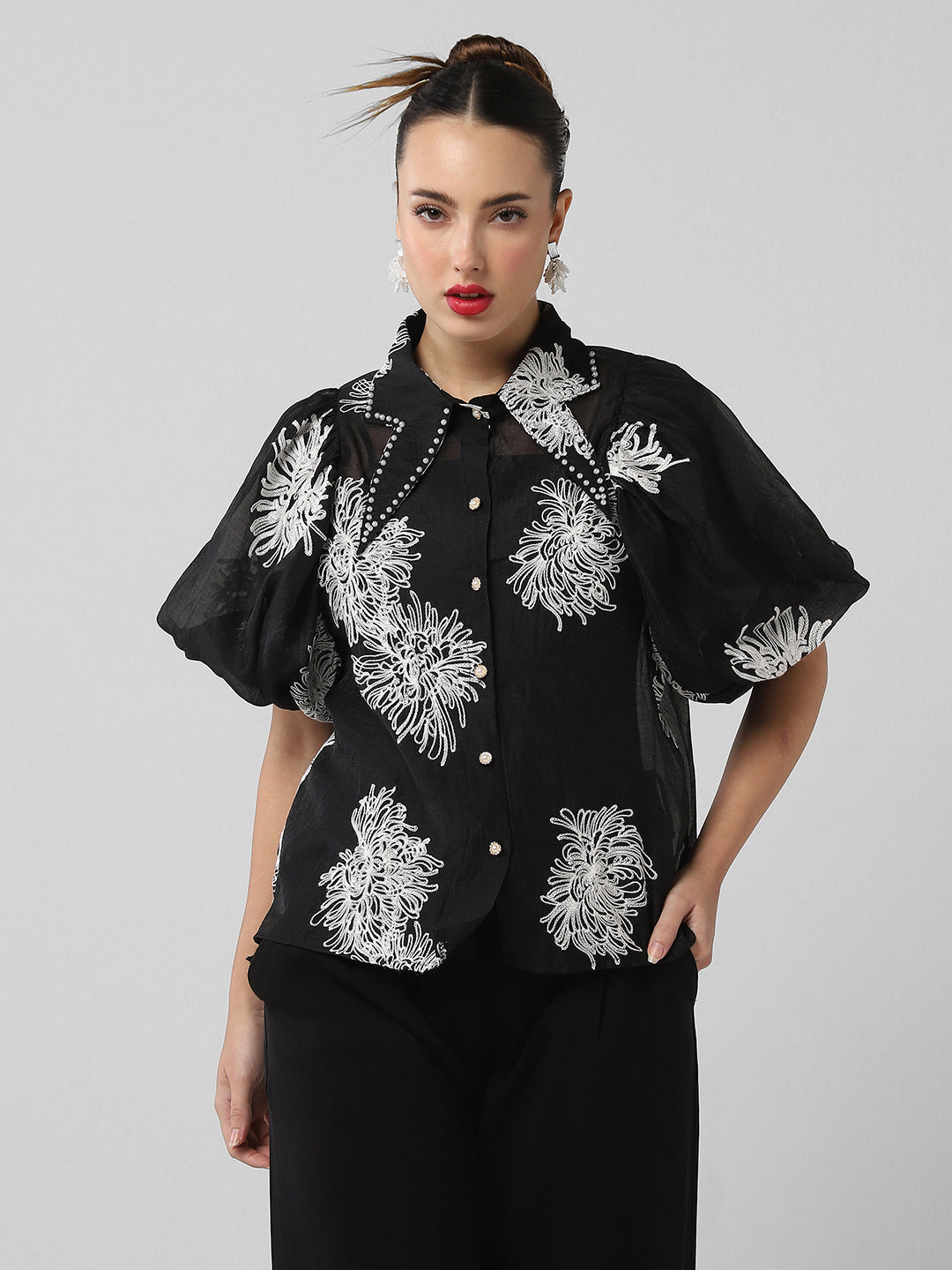 Women Floral Black Shirt with Inner Slip