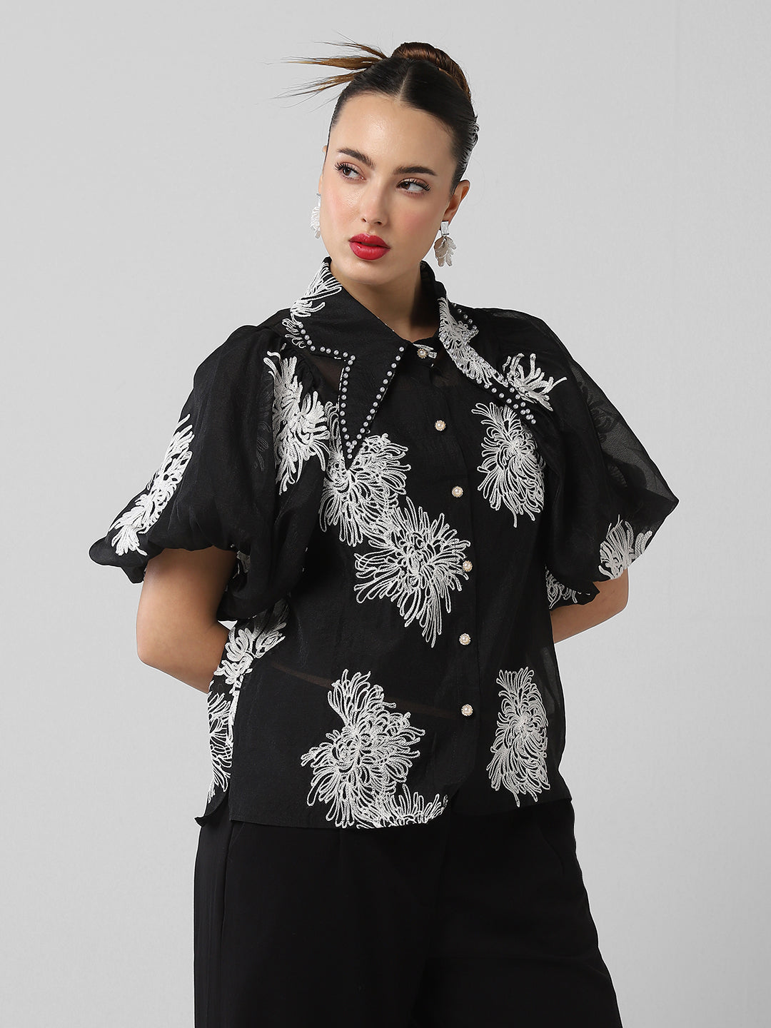 Women Floral Black Shirt with Inner Slip