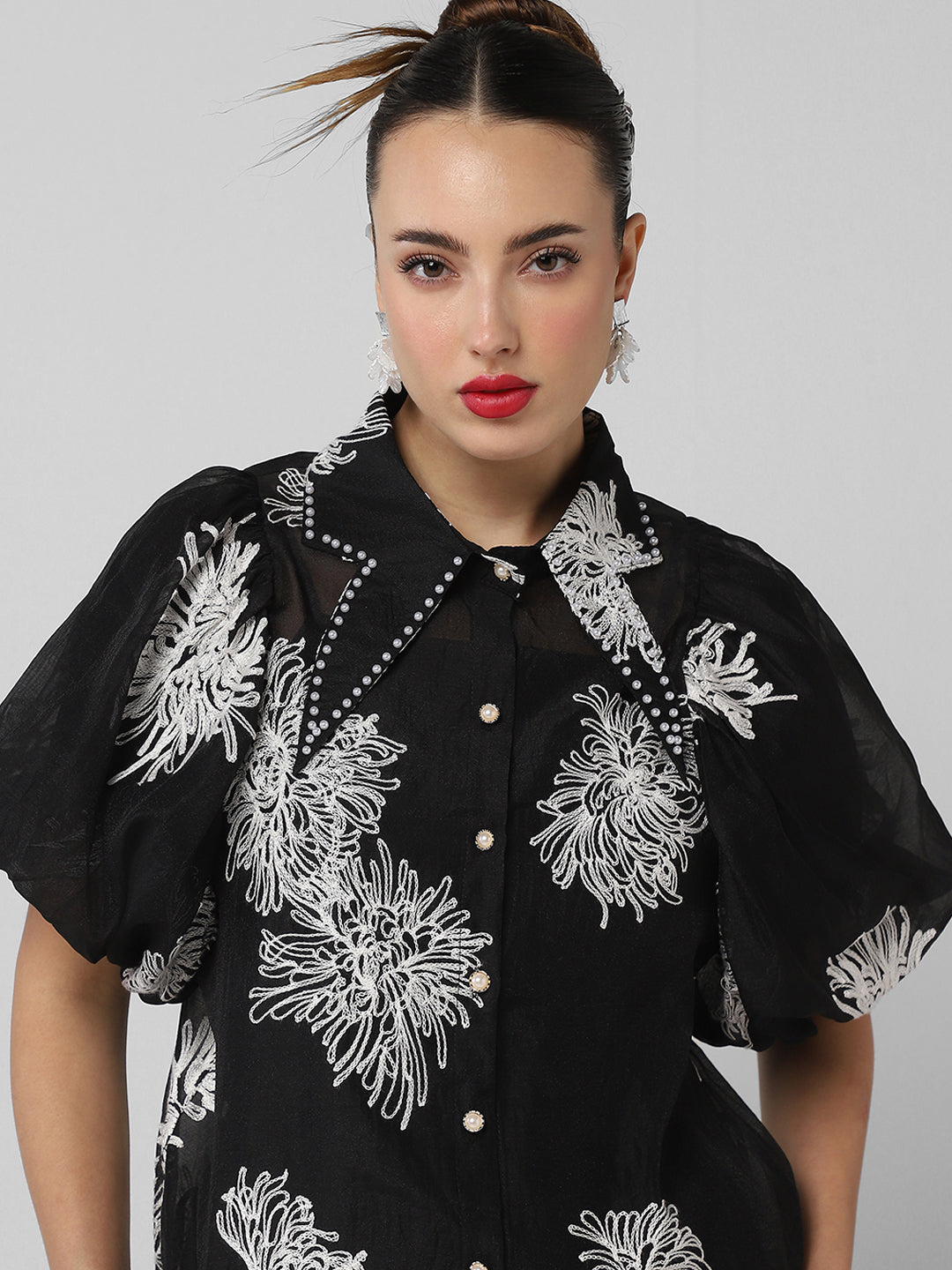 Women Floral Black Shirt with Inner Slip