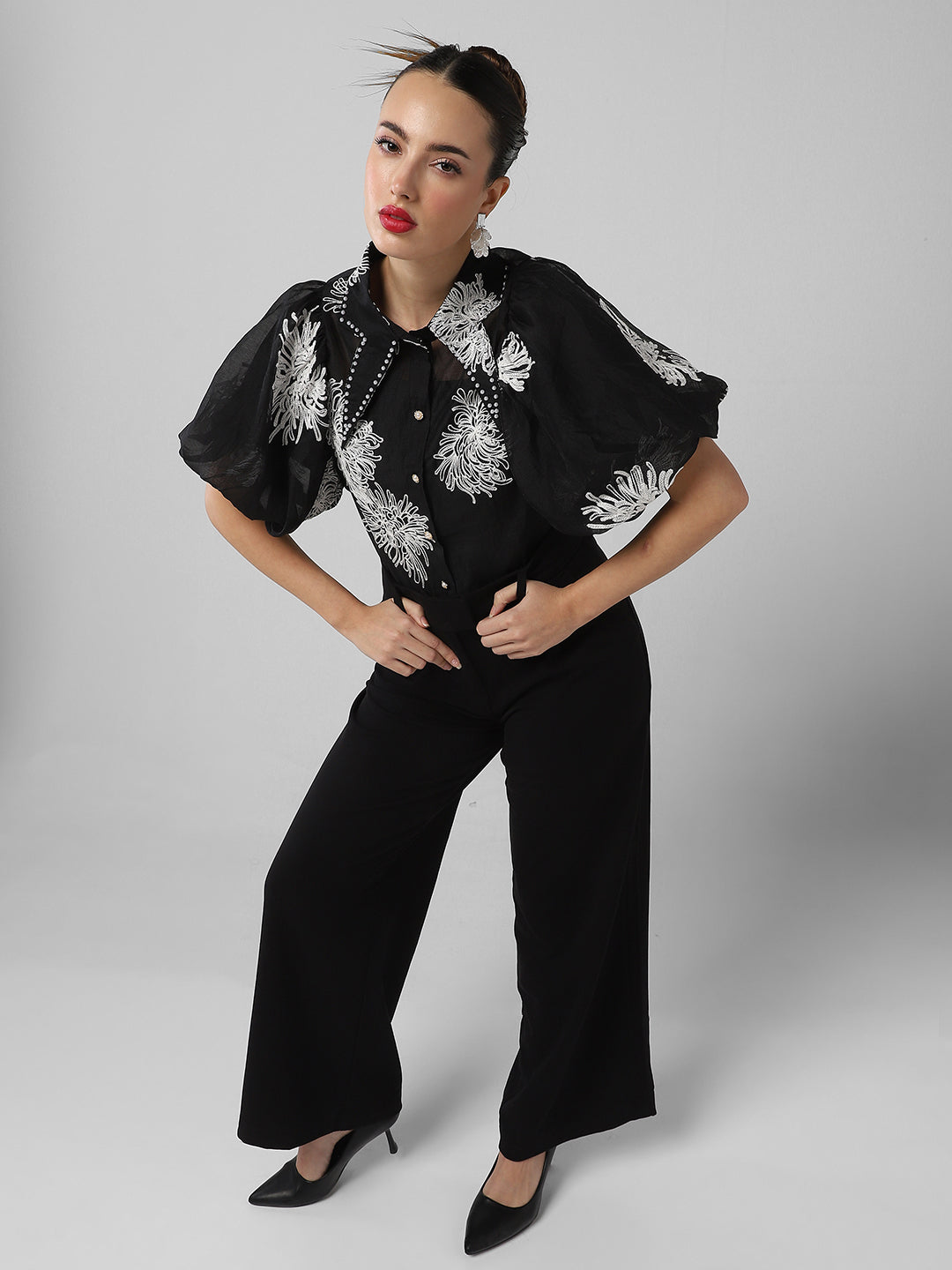 Women Floral Black Shirt with Inner Slip