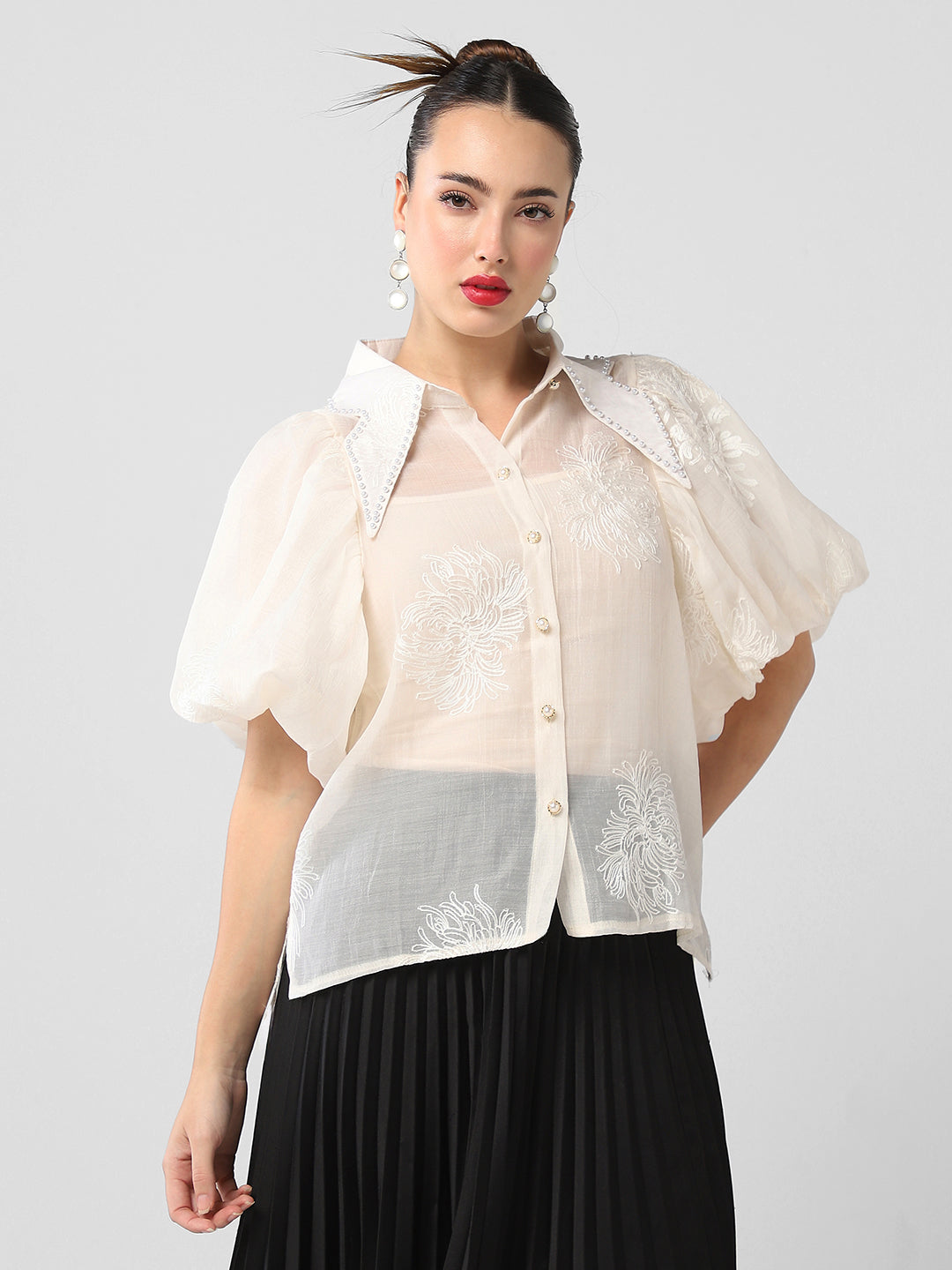 Women Solid Cream Shirt with Inner Slip