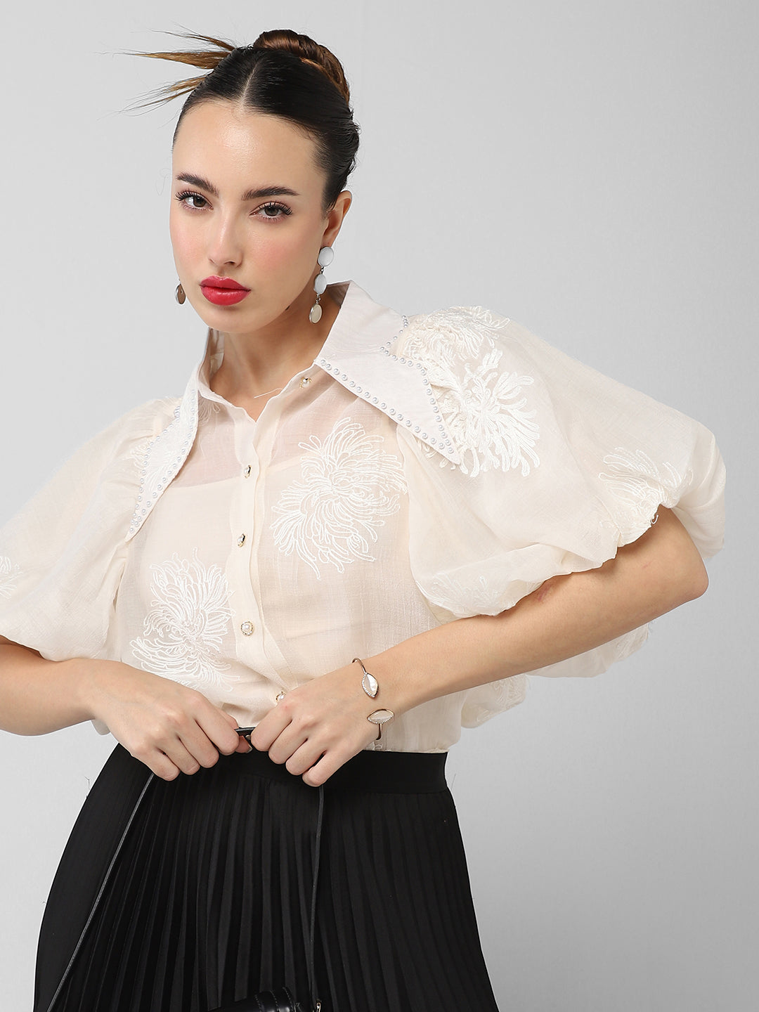 Women Solid Cream Shirt with Inner Slip