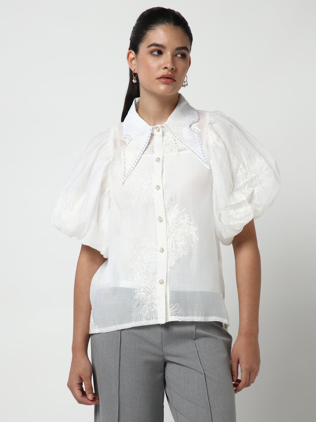 Women White Solid Shirt with Inner Slip