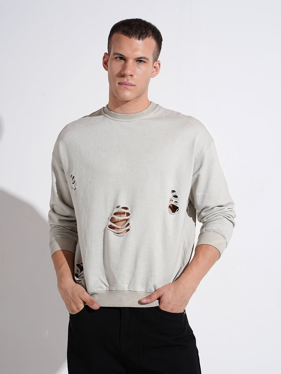 Men's Distressed Grey Round Neck Ribbed Regular Fit Sweatshirt
