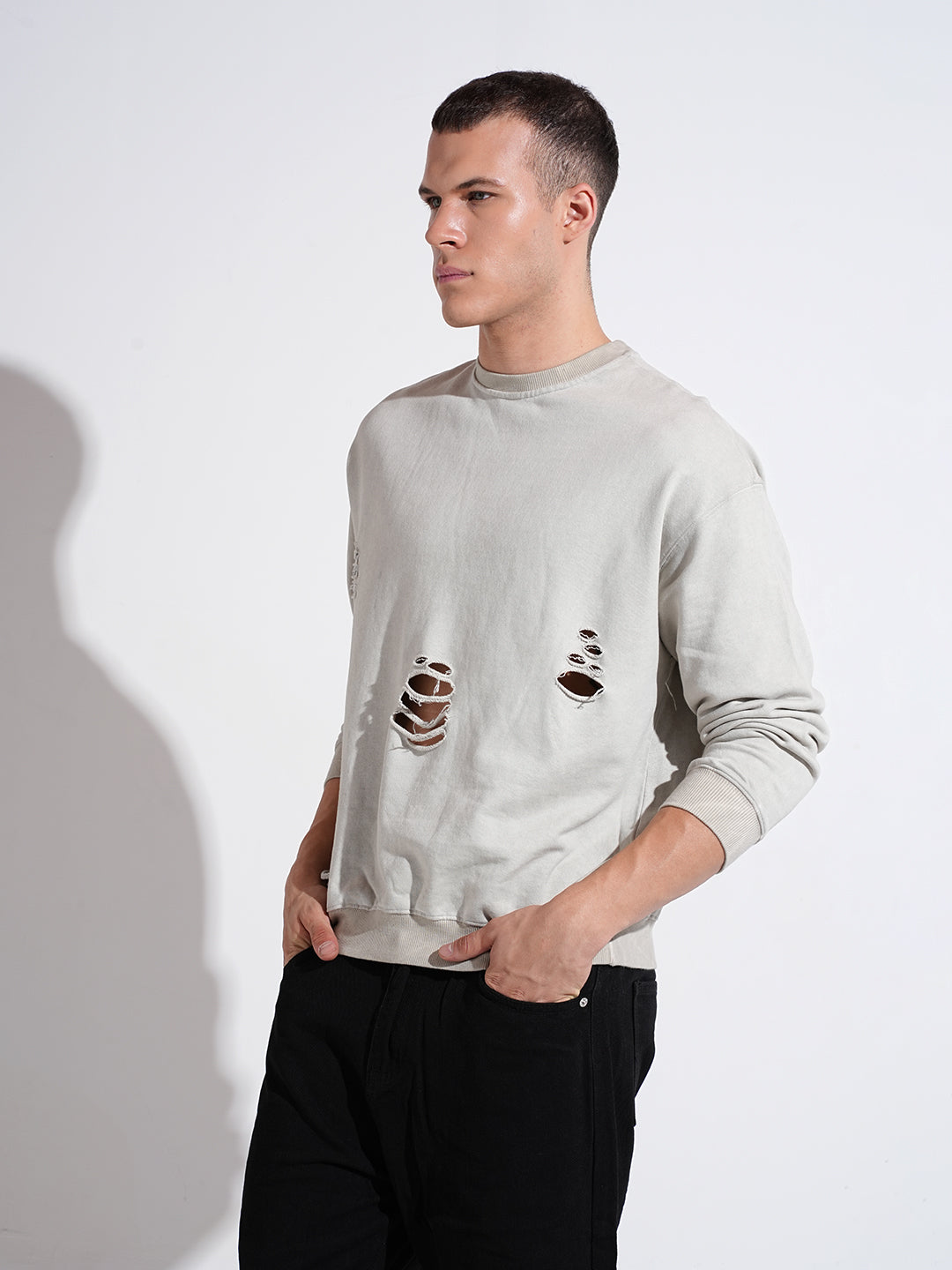 Men's Distressed Grey Round Neck Ribbed Regular Fit Sweatshirt