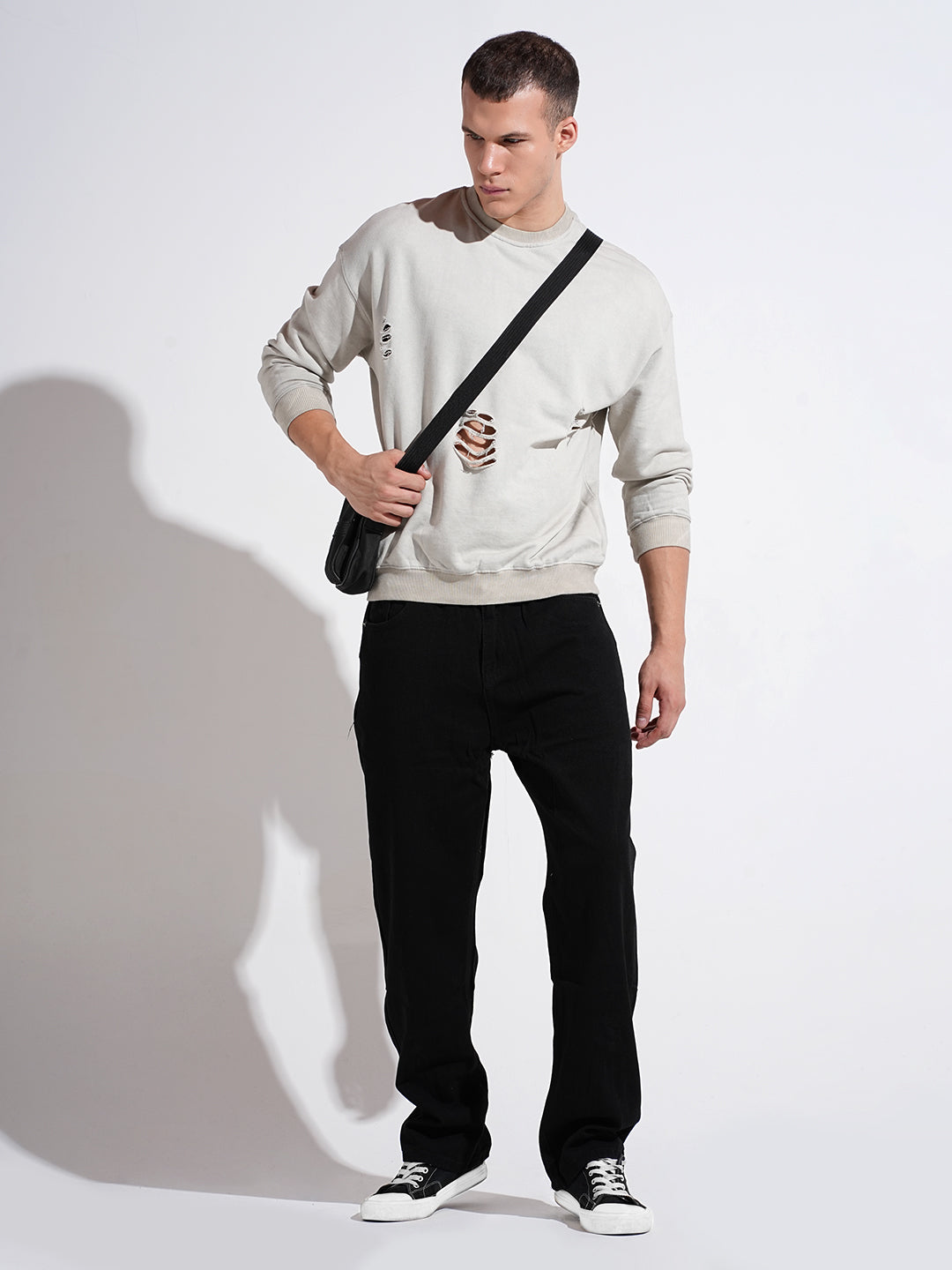 Men's Distressed Grey Round Neck Ribbed Regular Fit Sweatshirt