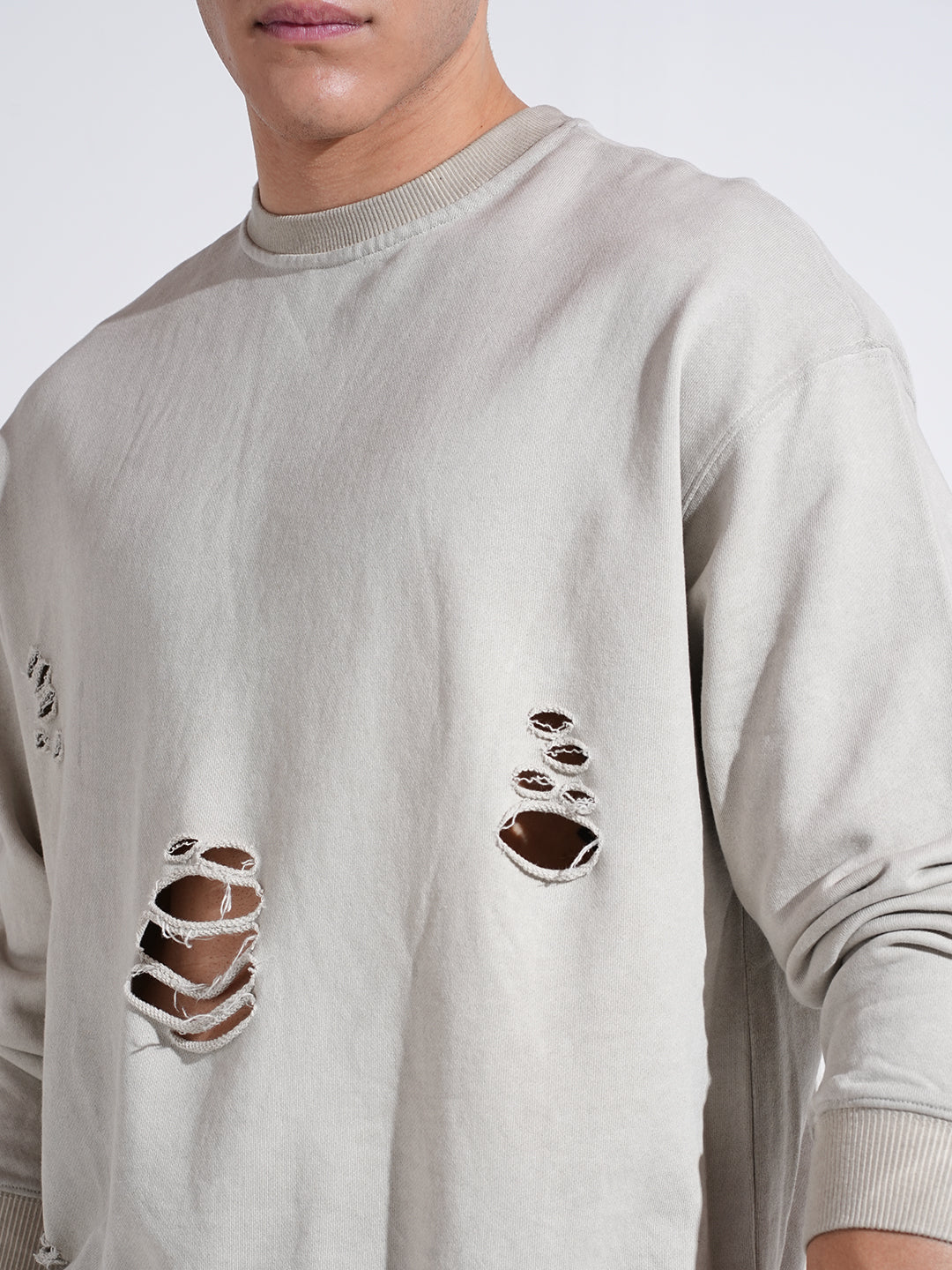 Men's Distressed Grey Round Neck Ribbed Regular Fit Sweatshirt