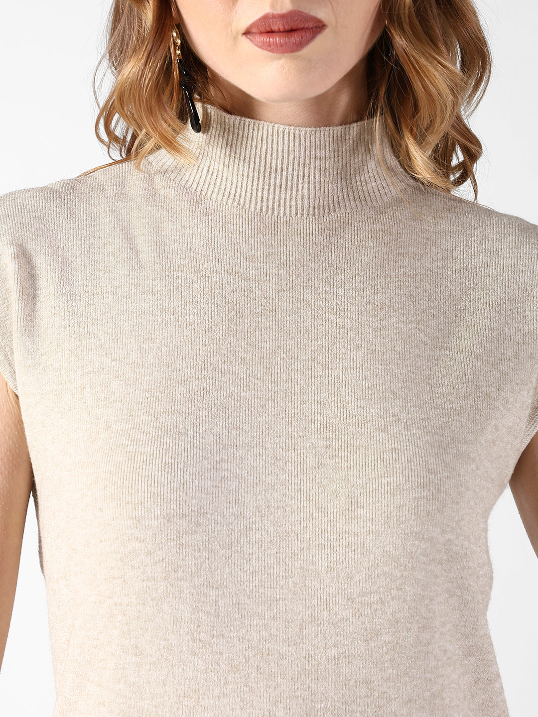 Women's Ribbed Beige High Neck Dress