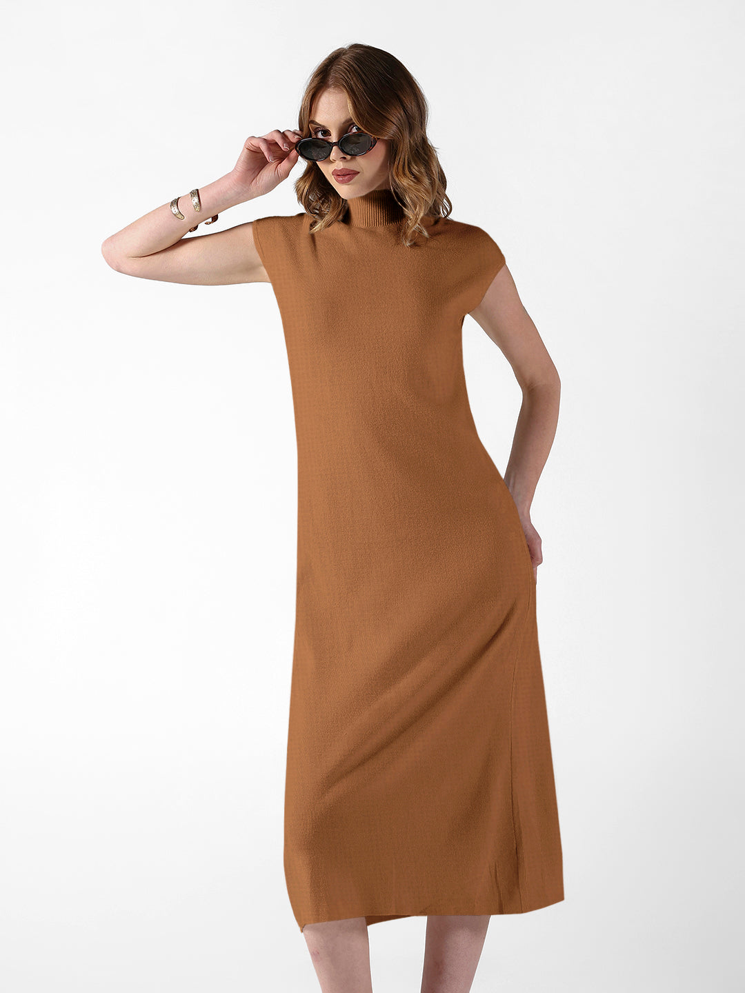 Women's Ribbed Brown High Neck Dress