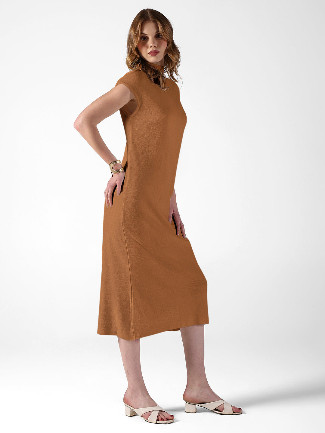 Women's Ribbed Brown High Neck Dress