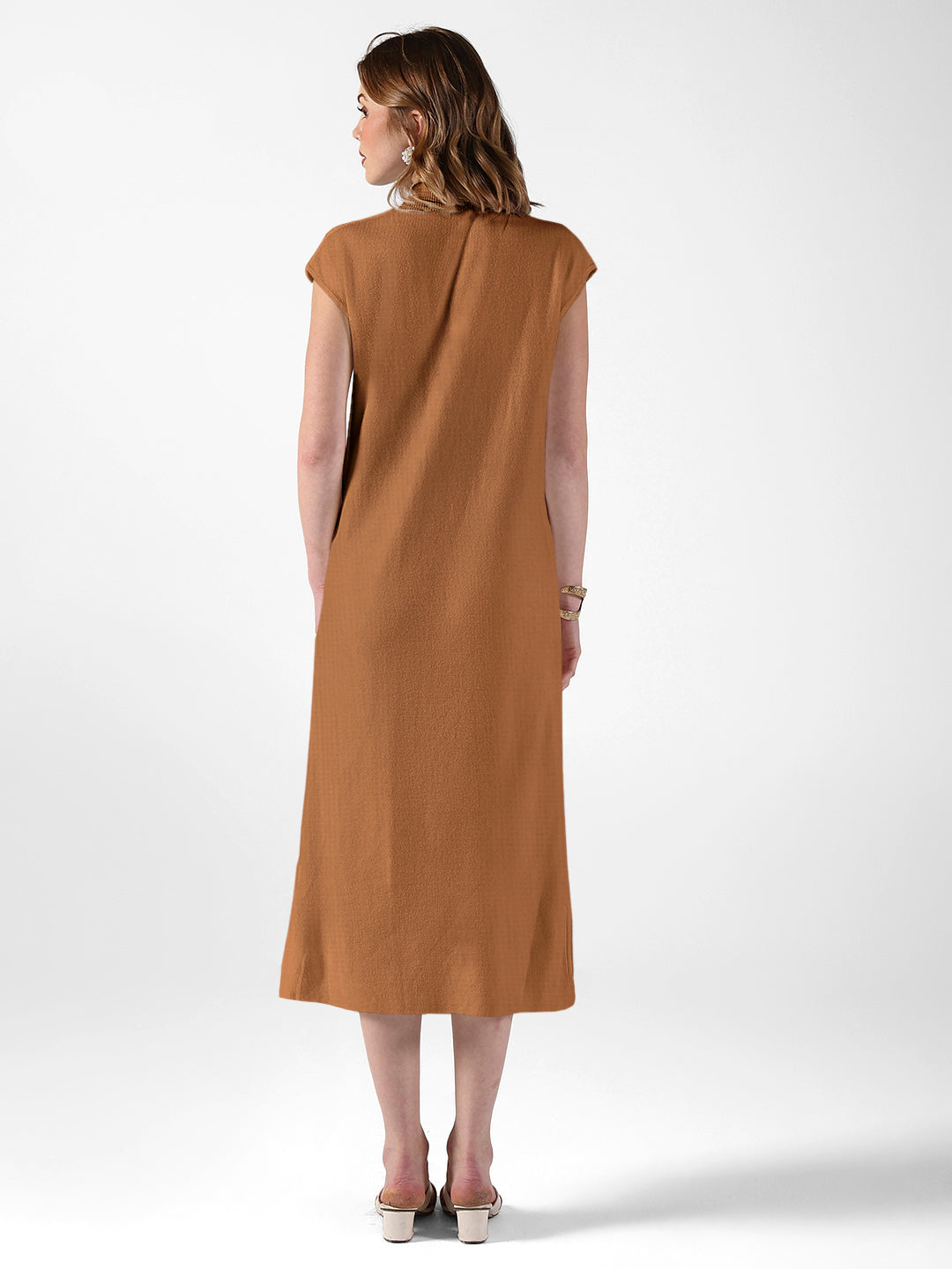 Women's Ribbed Brown High Neck Dress
