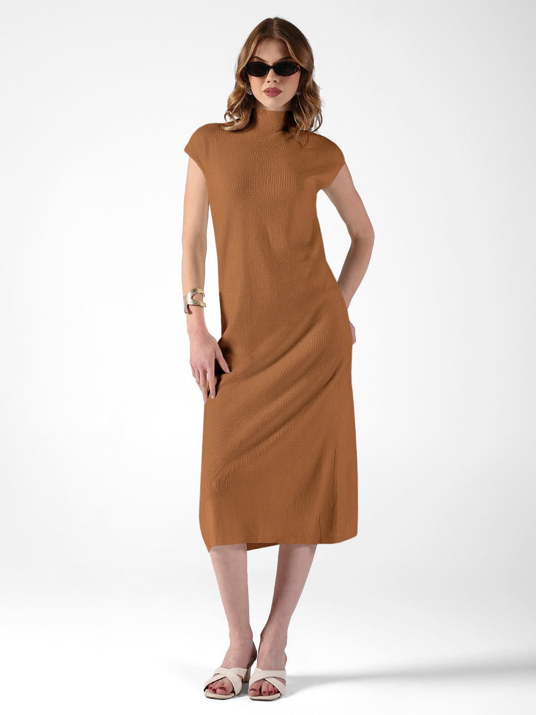 Women's Ribbed Brown High Neck Dress