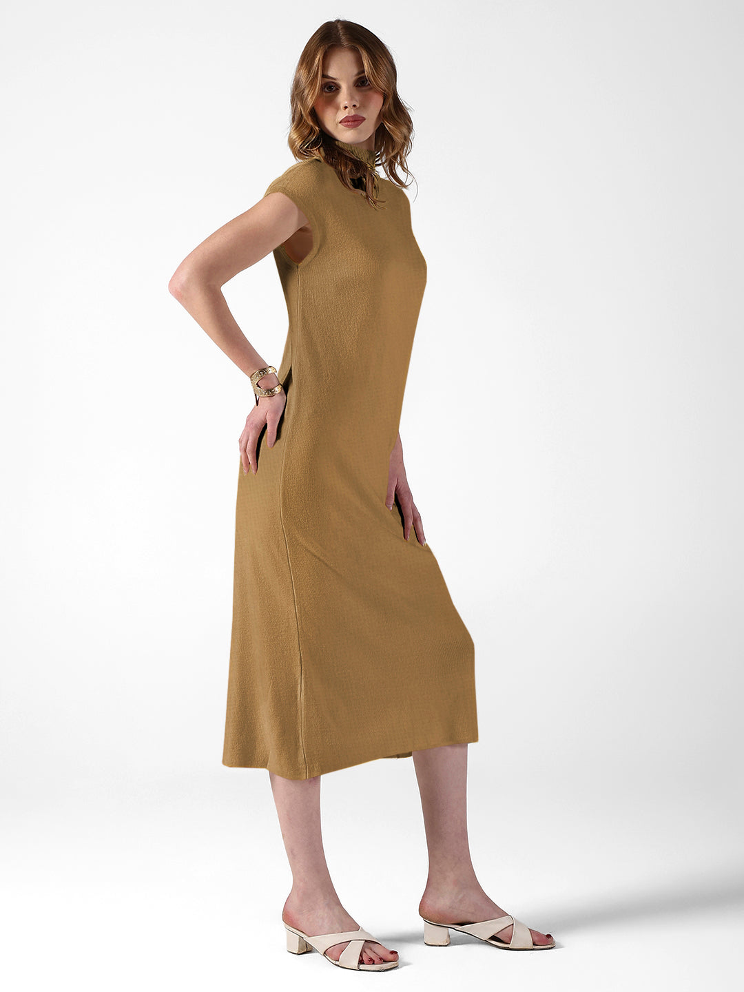 Women's Ribbed Mustard High Neck Dress