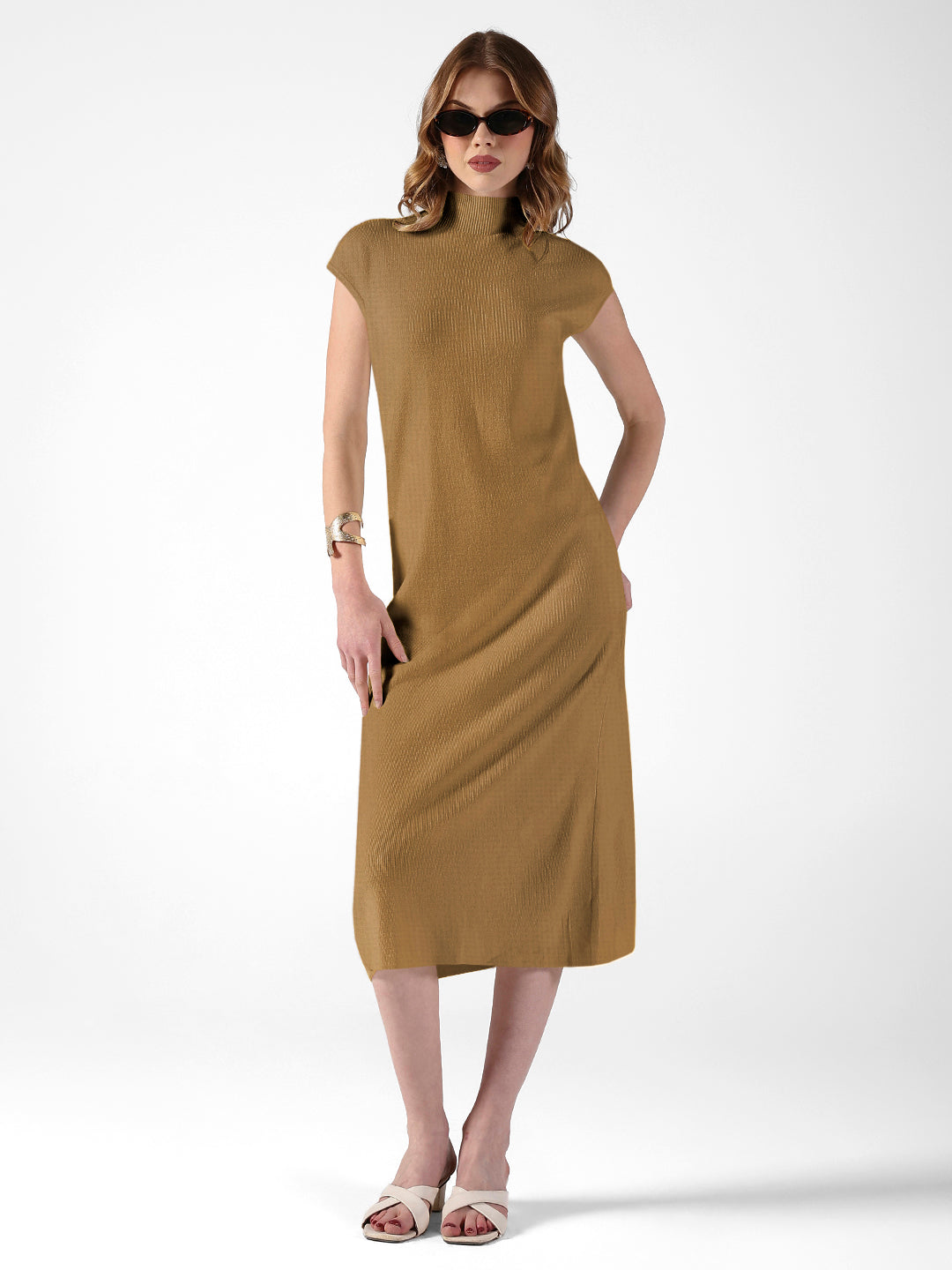 Women's Ribbed Mustard High Neck Dress