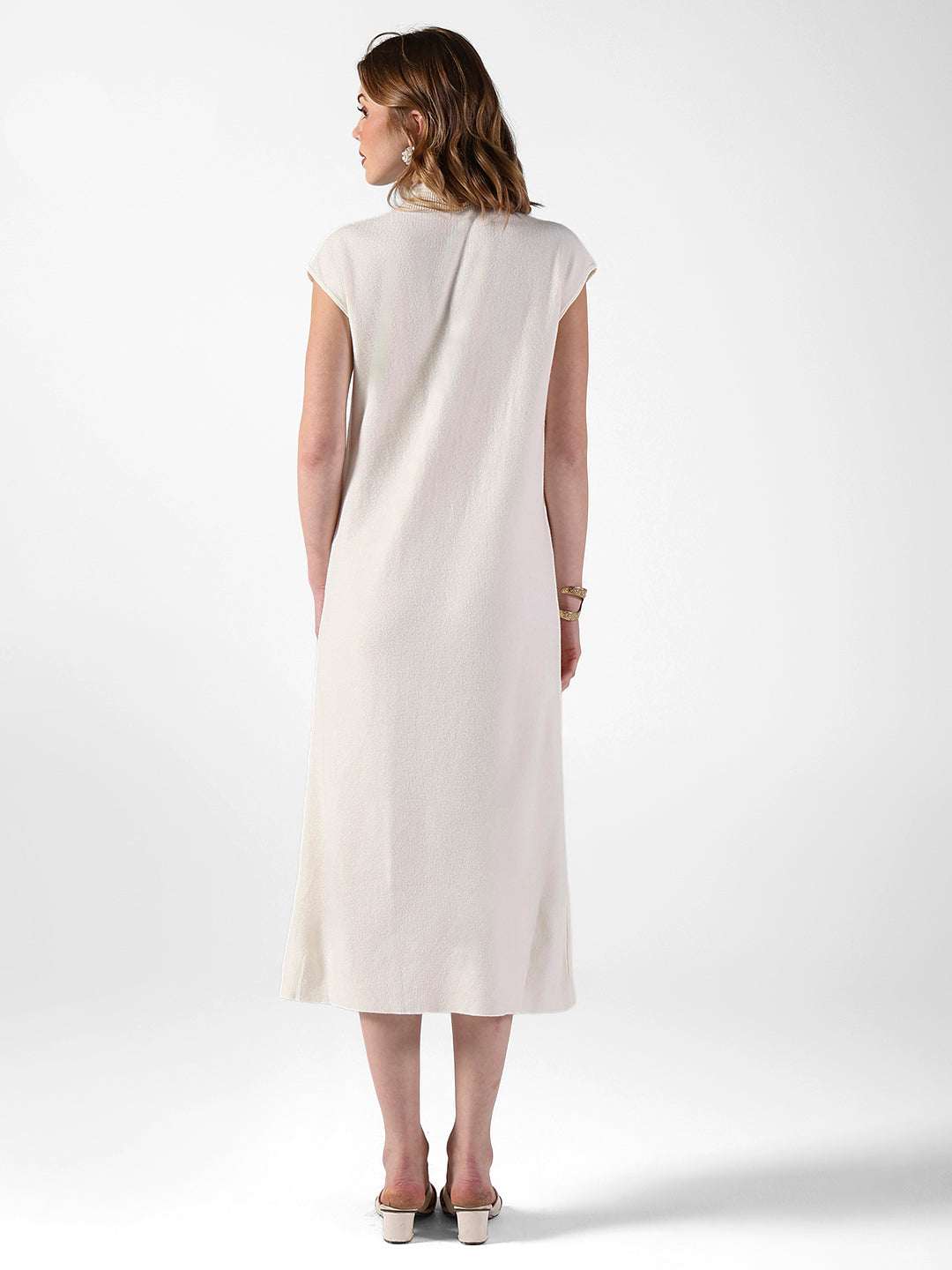 Women's Ribbed White High Neck Dress