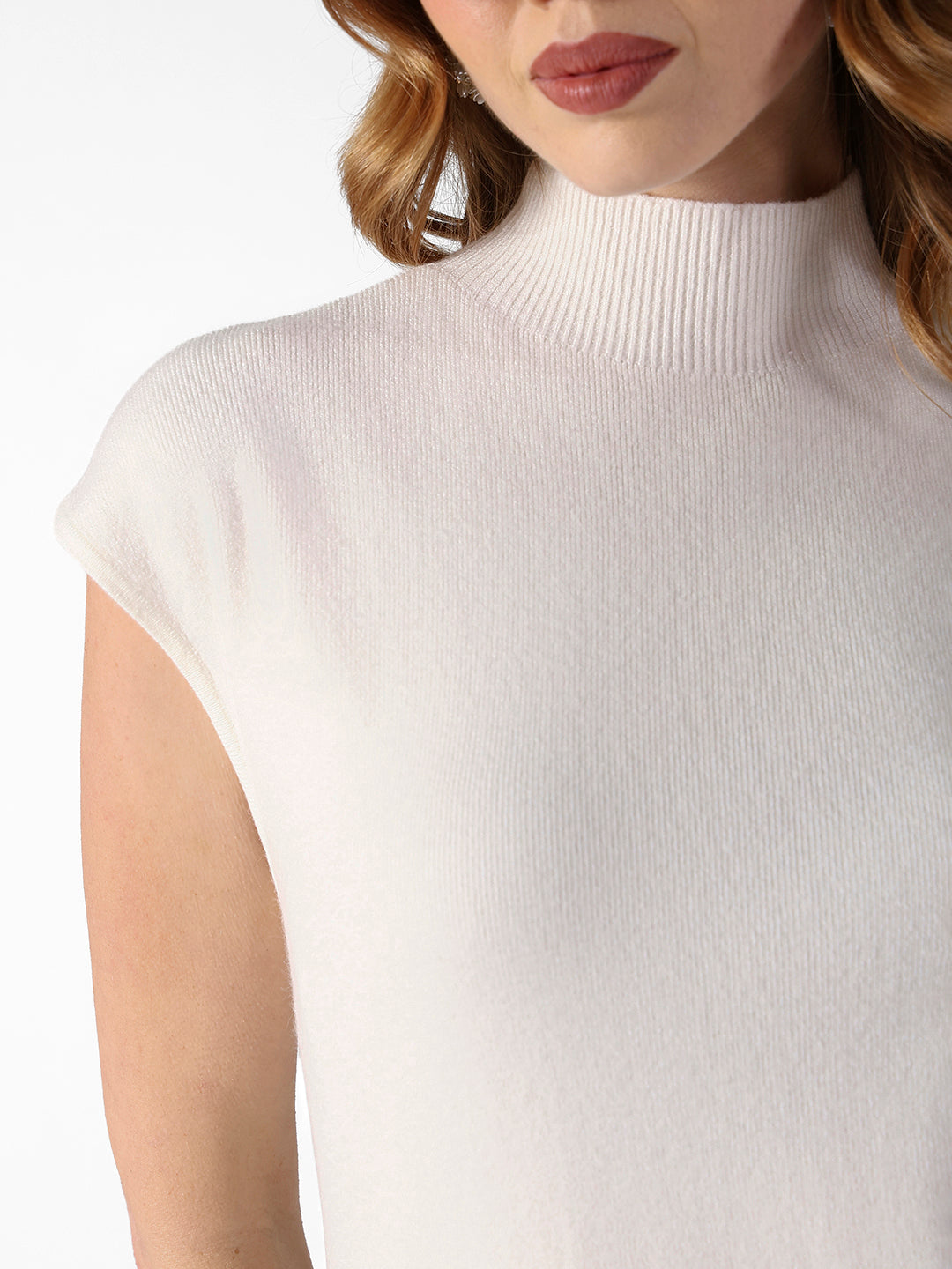 Women's Ribbed White High Neck Dress