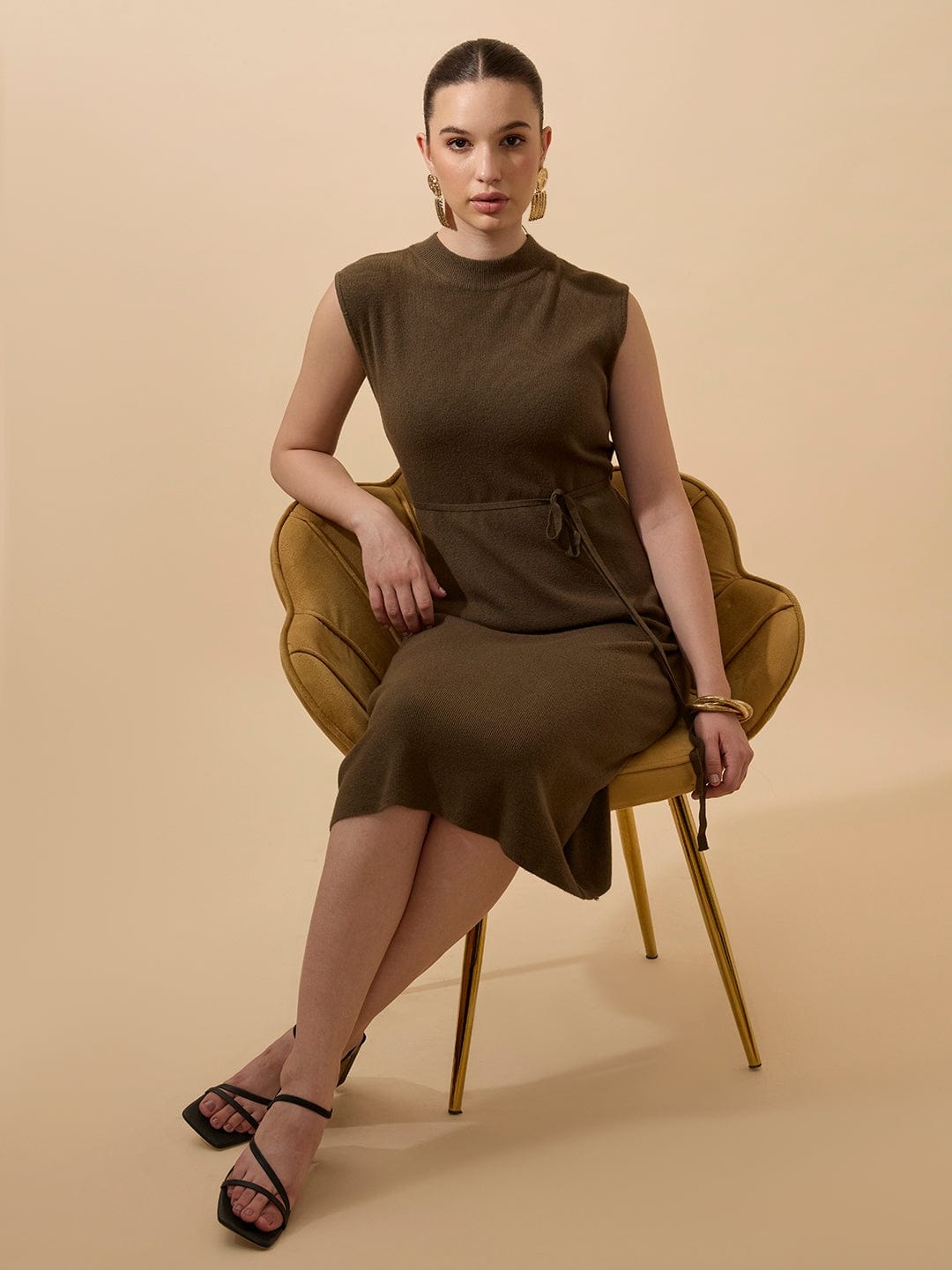 Women's Ribbed Olive Sleeveless High Neck Midi Dress with Waist Tie