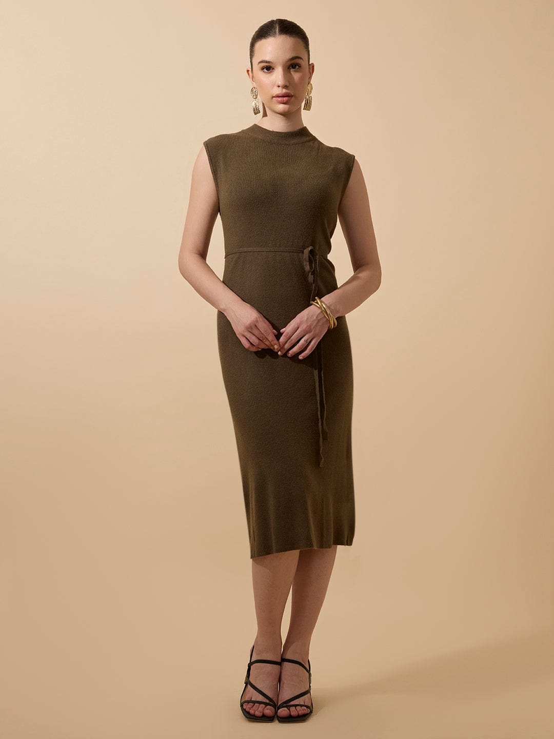 Women's Ribbed Olive Sleeveless High Neck Midi Dress with Waist Tie