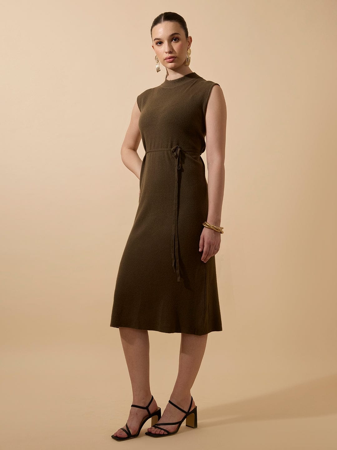 Women's Ribbed Olive Sleeveless High Neck Midi Dress with Waist Tie