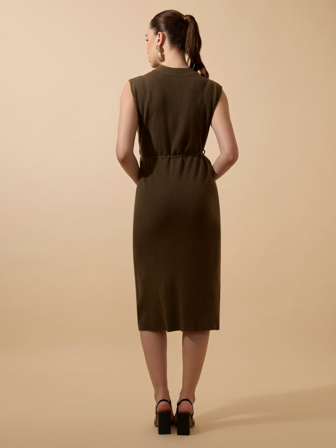 Women's Ribbed Olive Sleeveless High Neck Midi Dress with Waist Tie