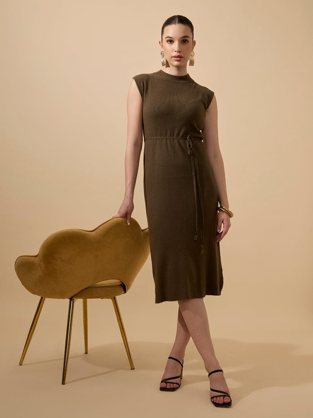 Women's Ribbed Olive Sleeveless High Neck Midi Dress with Waist Tie