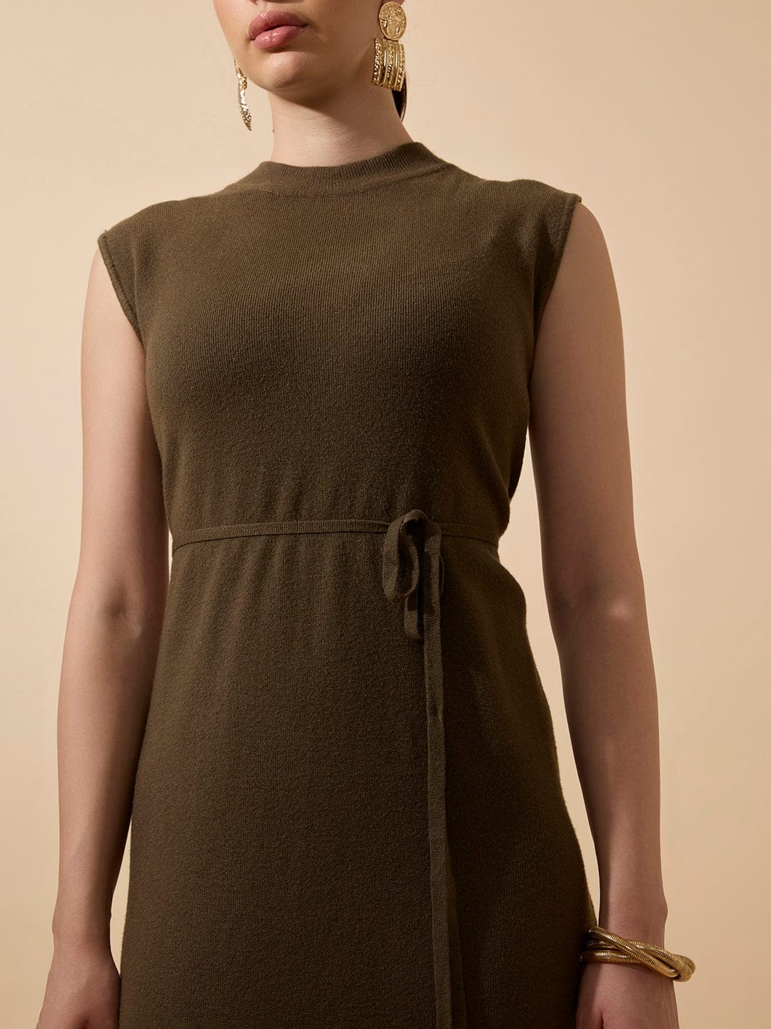 Women's Ribbed Olive Sleeveless High Neck Midi Dress with Waist Tie