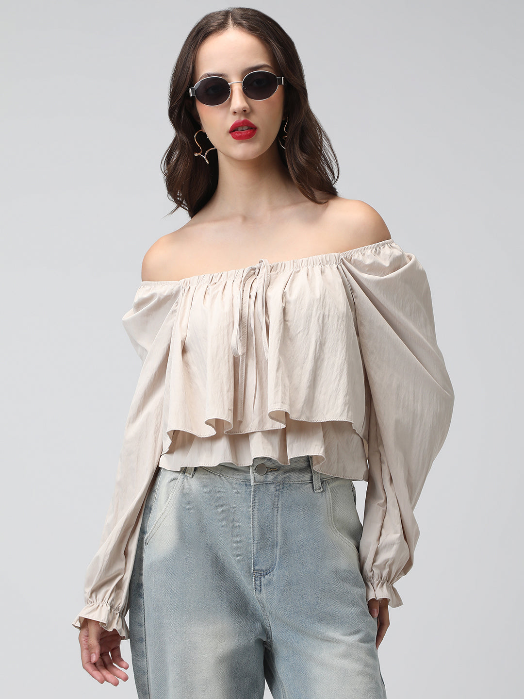 Women's Beige Off-Shoulder Long Sleeve Tiered Top with Ruffle Layers
