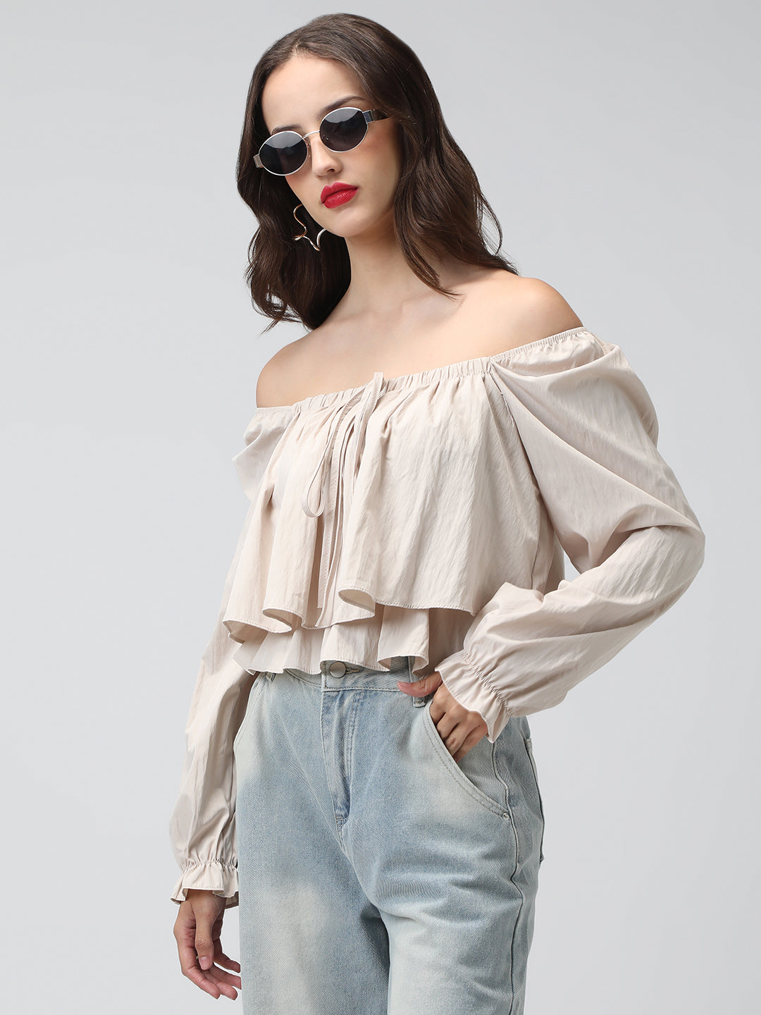 Women's Beige Off-Shoulder Long Sleeve Tiered Top with Ruffle Layers