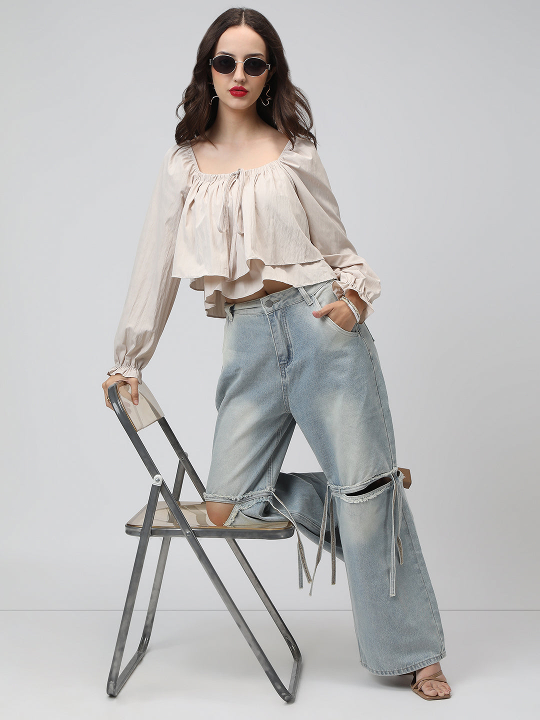 Women's Beige Off-Shoulder Long Sleeve Tiered Top with Ruffle Layers