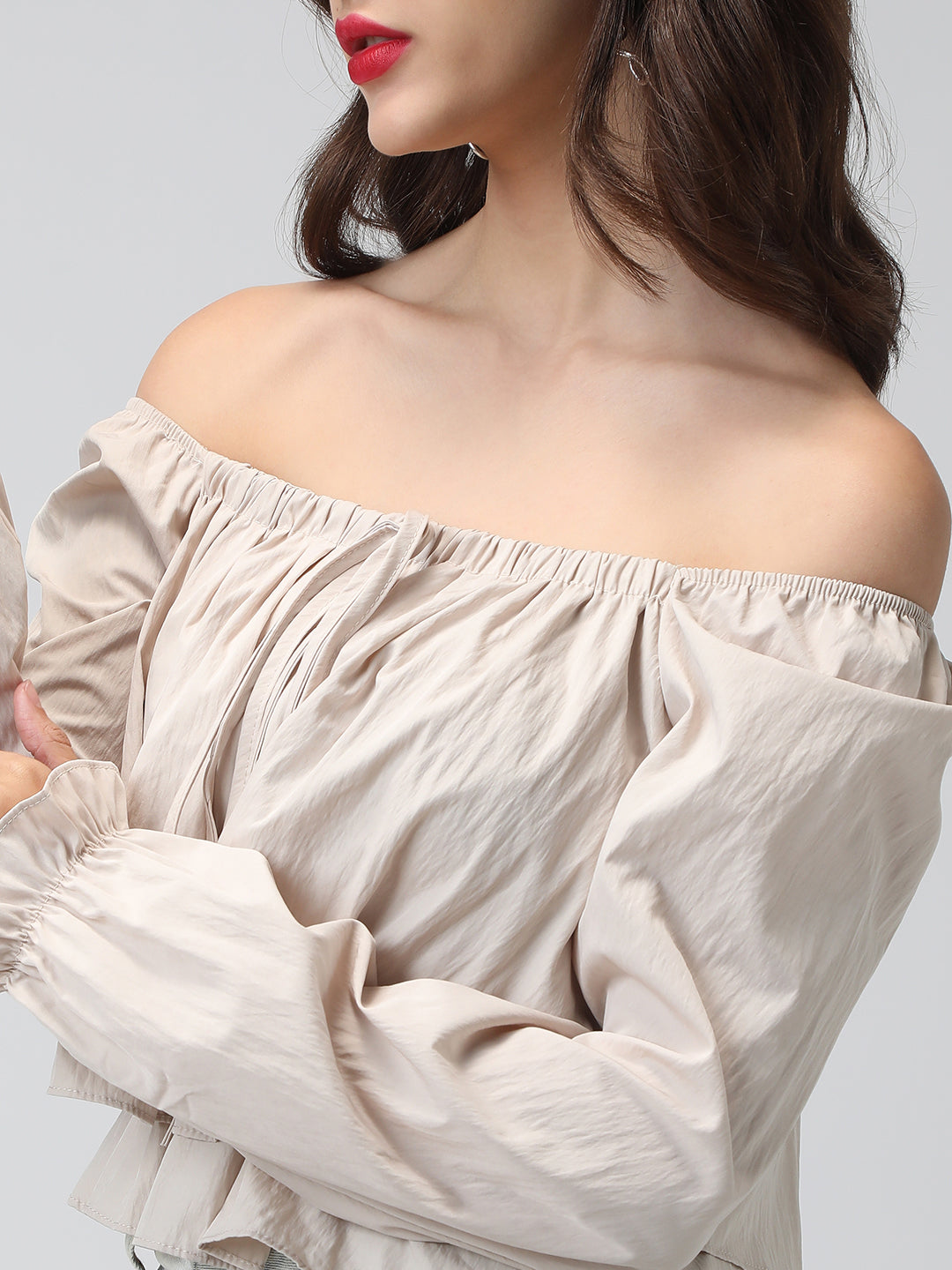 Women's Beige Off-Shoulder Long Sleeve Tiered Top with Ruffle Layers