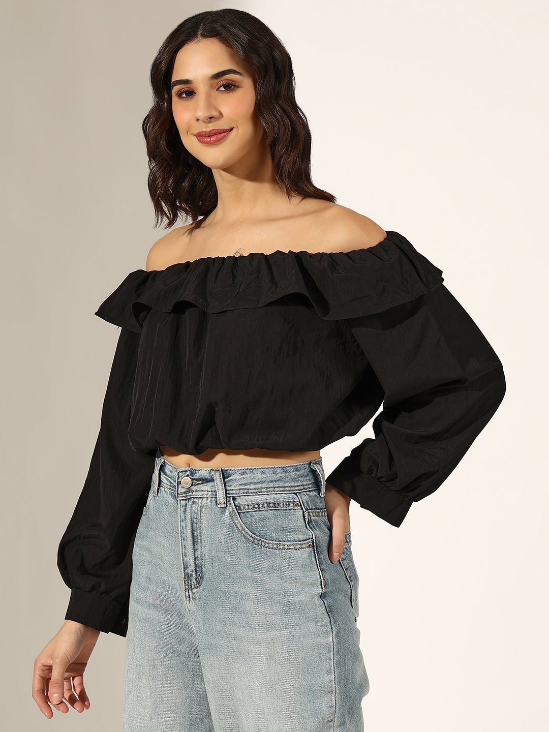Women's Black Off-Shoulder Ruffled Crop Top