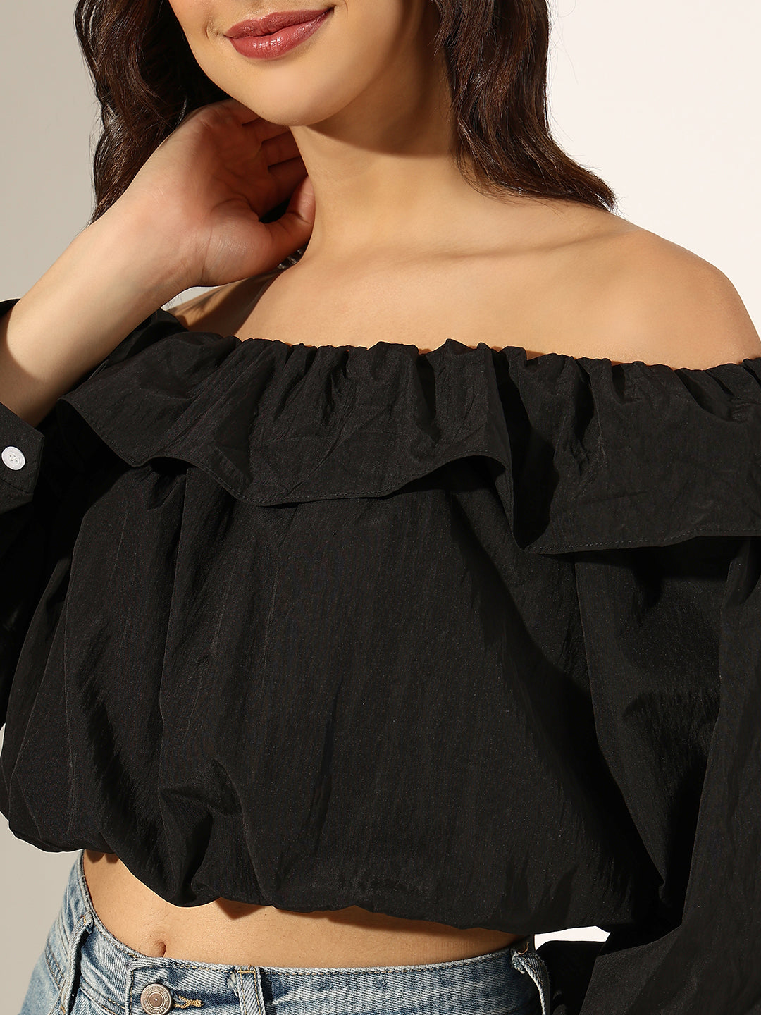 Women's Black Off-Shoulder Ruffled Crop Top
