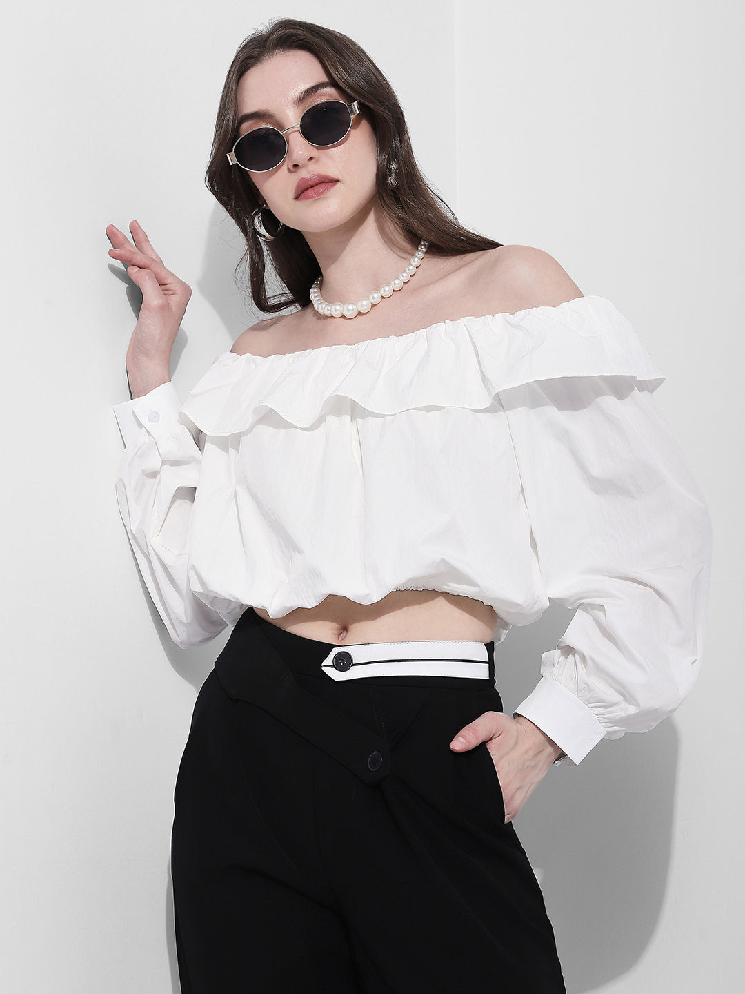 Women's White Off Shoulder Ruffled Crop Top