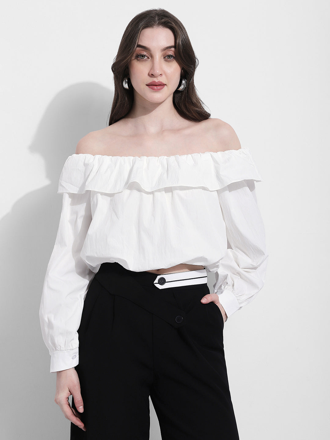 Women's White Off Shoulder Ruffled Crop Top