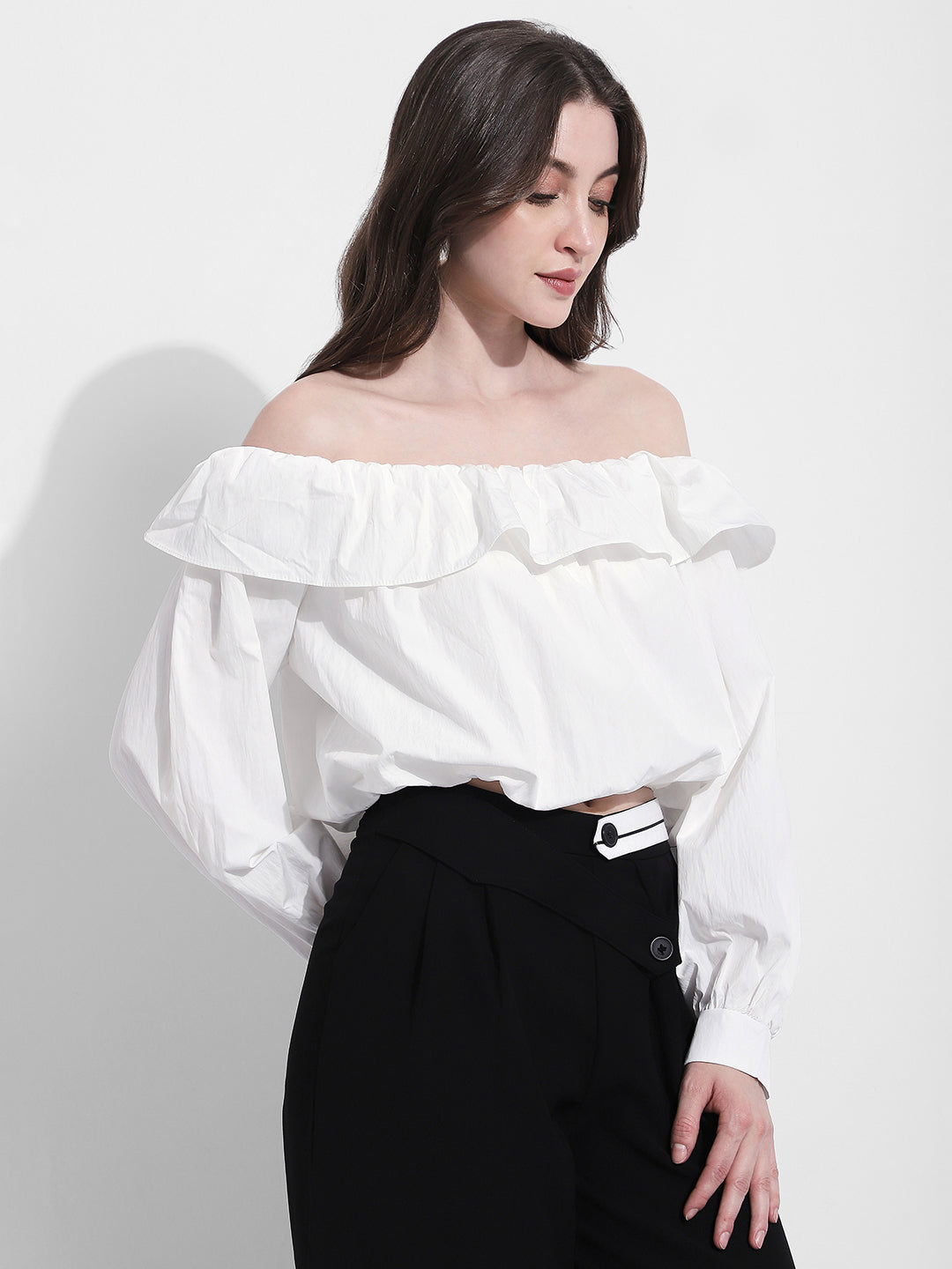 Women's White Off Shoulder Ruffled Crop Top