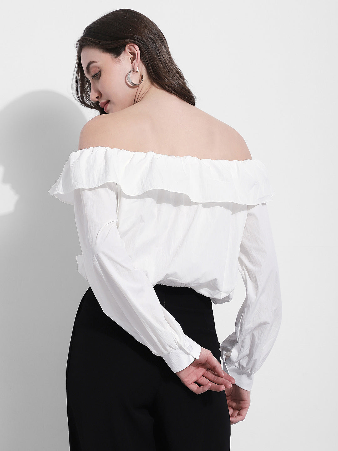 Women's White Off Shoulder Ruffled Crop Top