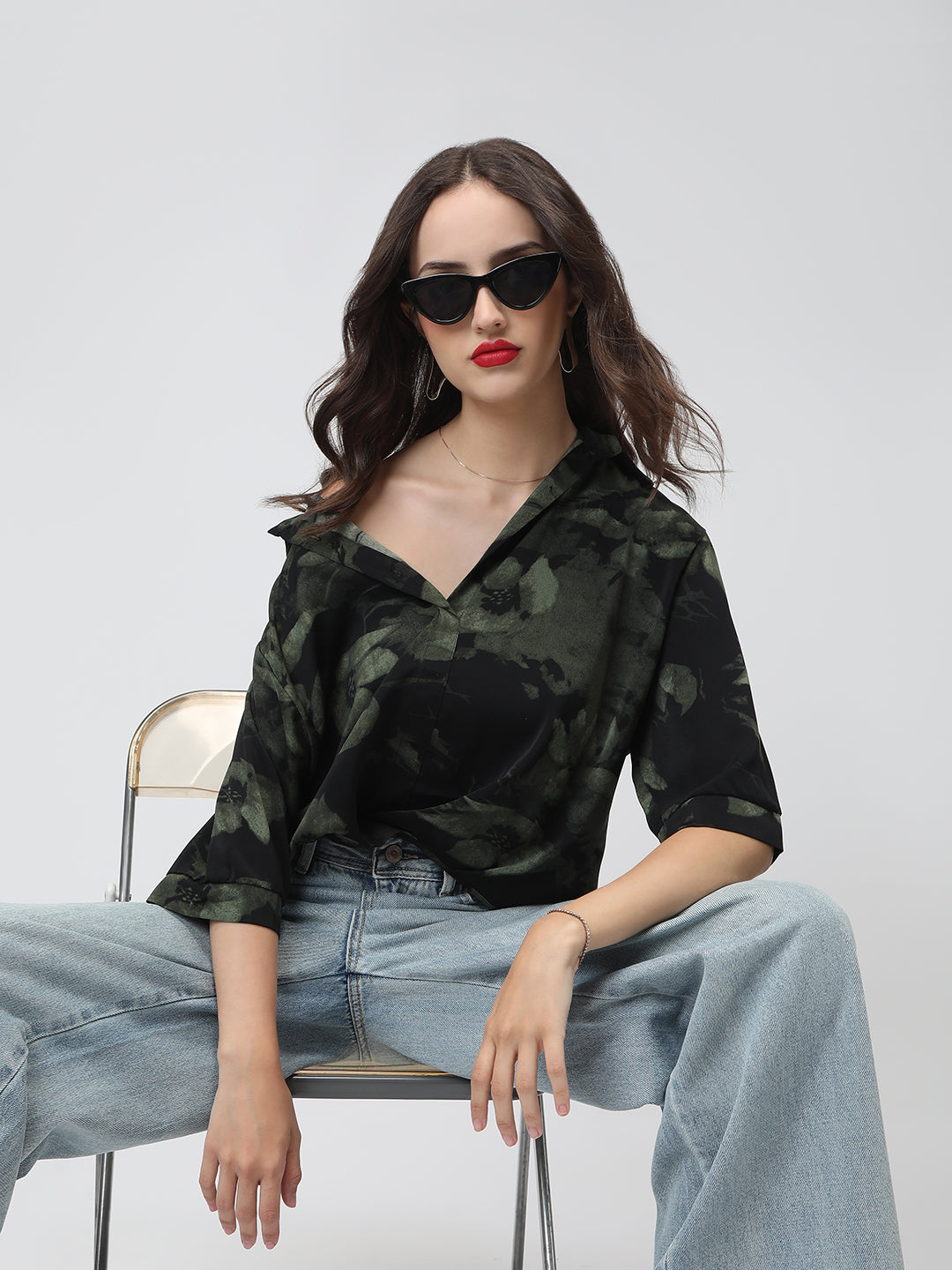 Women’s Black Floral Print High-Low Hem Shirt with Front Twist Detail