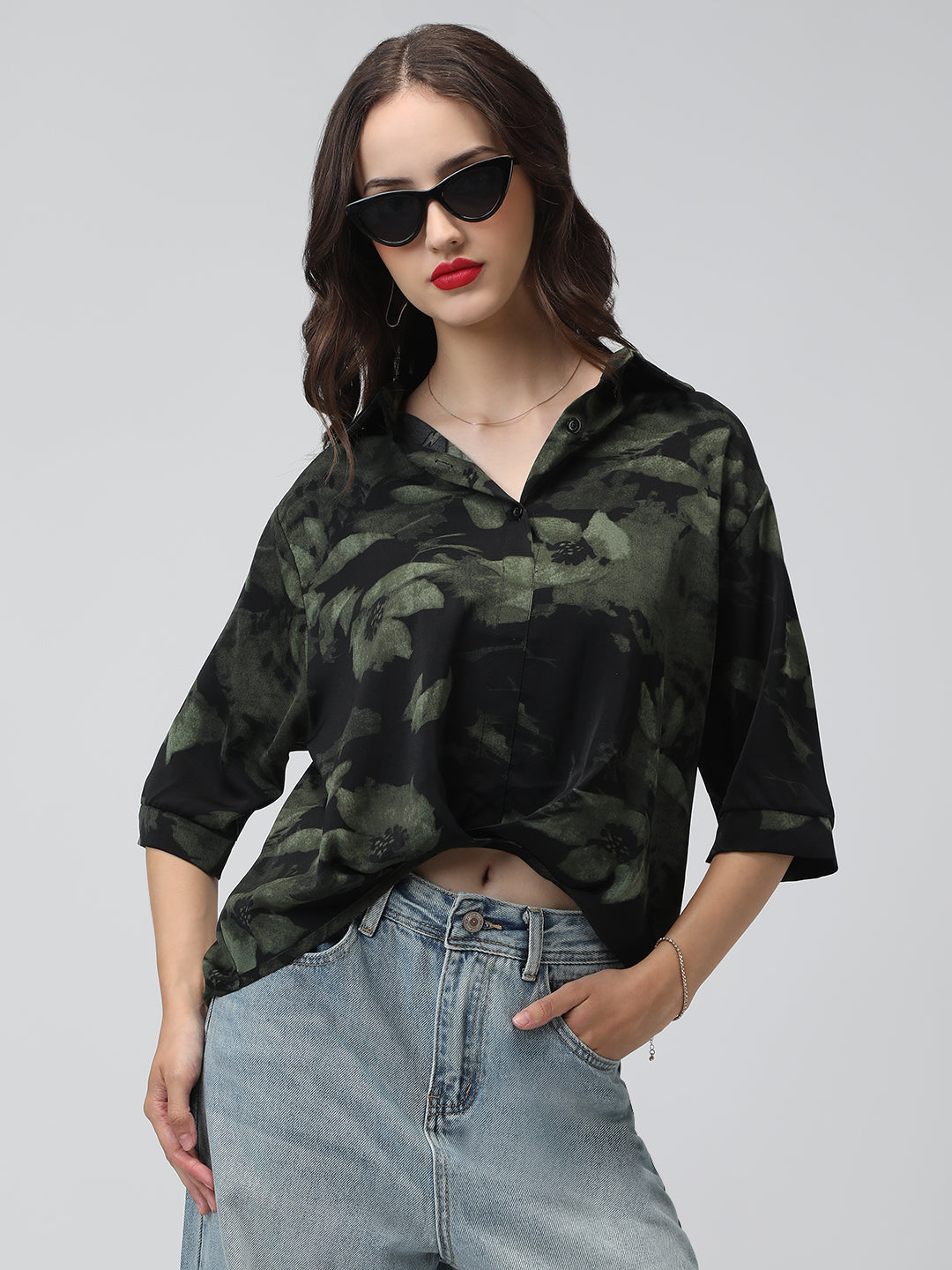 Women’s Black Floral Print High-Low Hem Shirt with Front Twist Detail