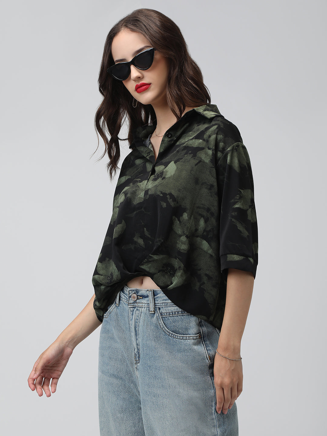 Women’s Black Floral Print High-Low Hem Shirt with Front Twist Detail
