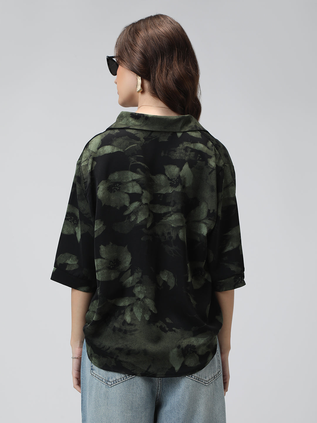 Women’s Black Floral Print High-Low Hem Shirt with Front Twist Detail